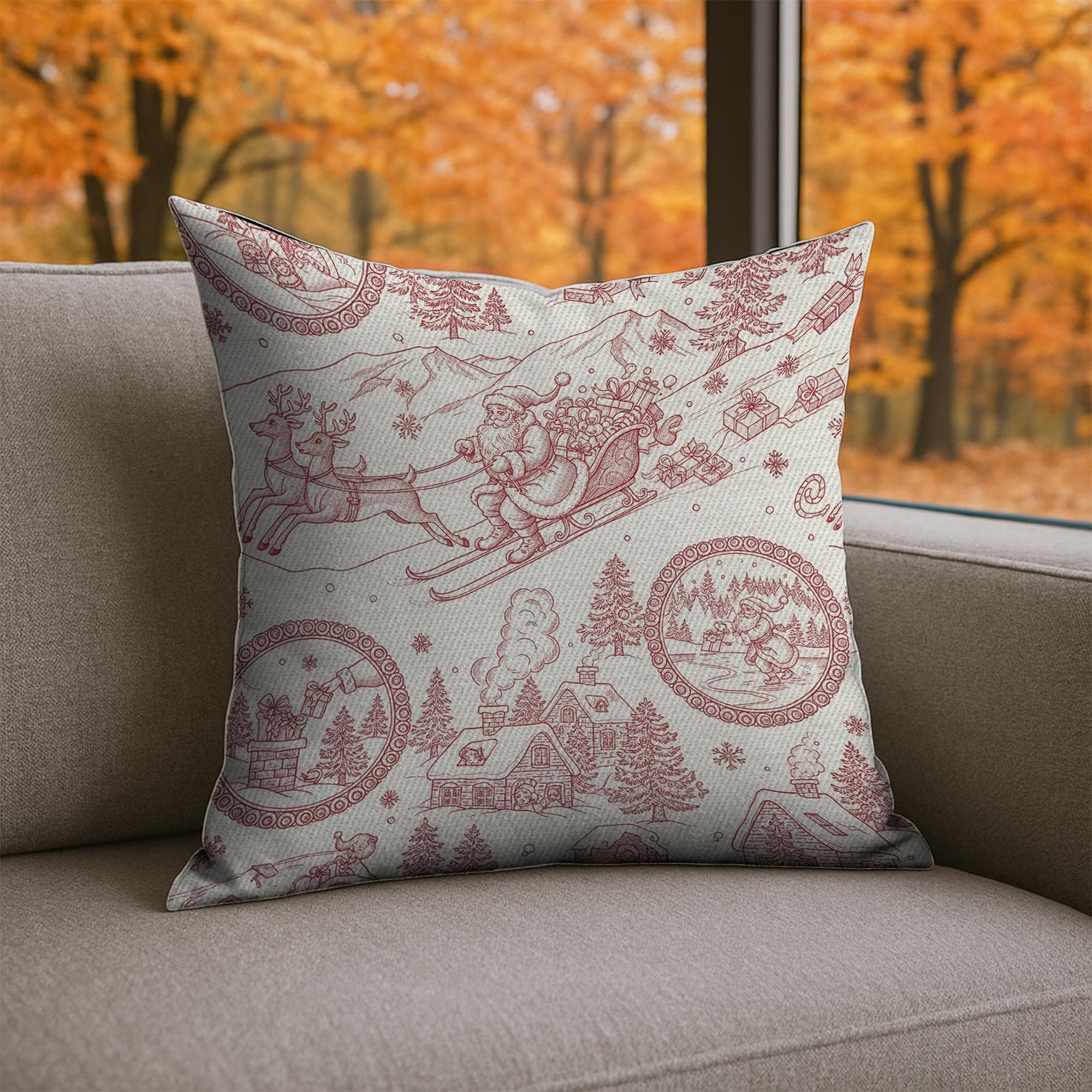 Linen Pillow – Santa Sleigh and Reindeer Pattern with Holiday Village Design