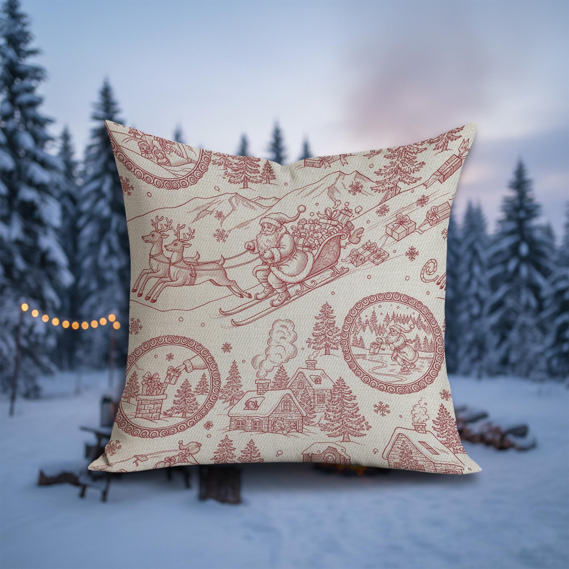 Linen Pillow – Santa Sleigh and Reindeer Pattern with Holiday Village Design