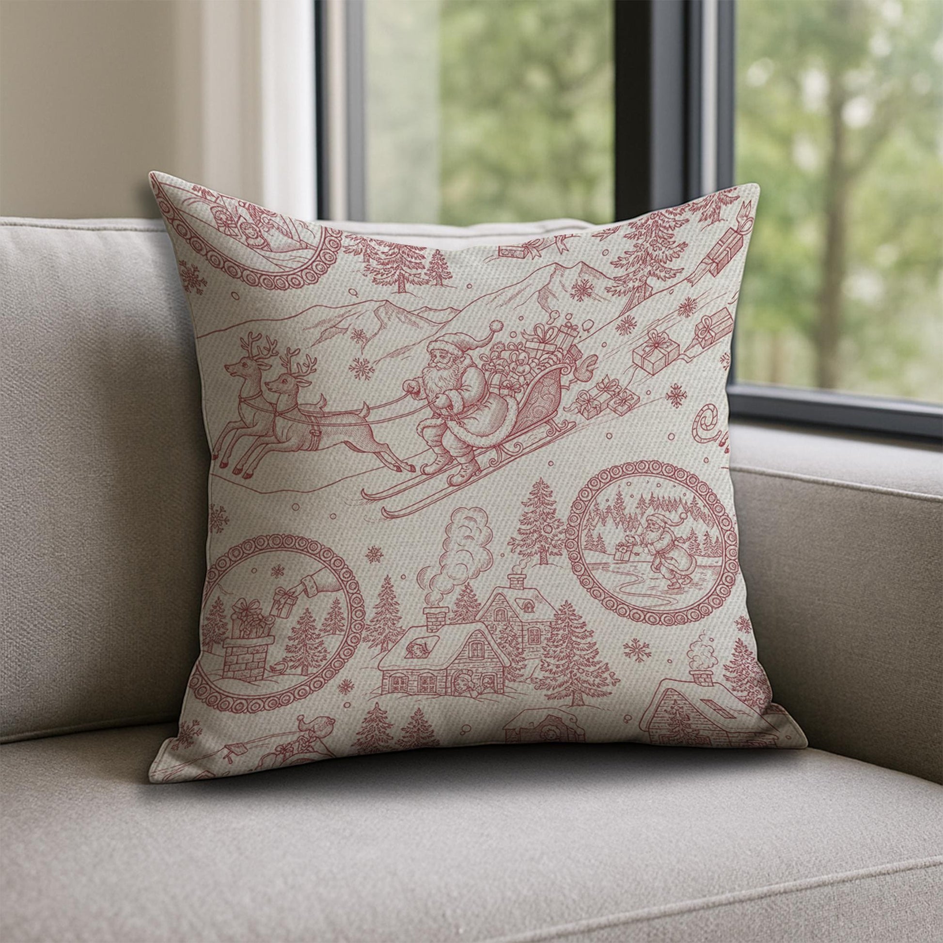 Linen Pillow – Santa Sleigh and Reindeer Pattern with Holiday Village Design