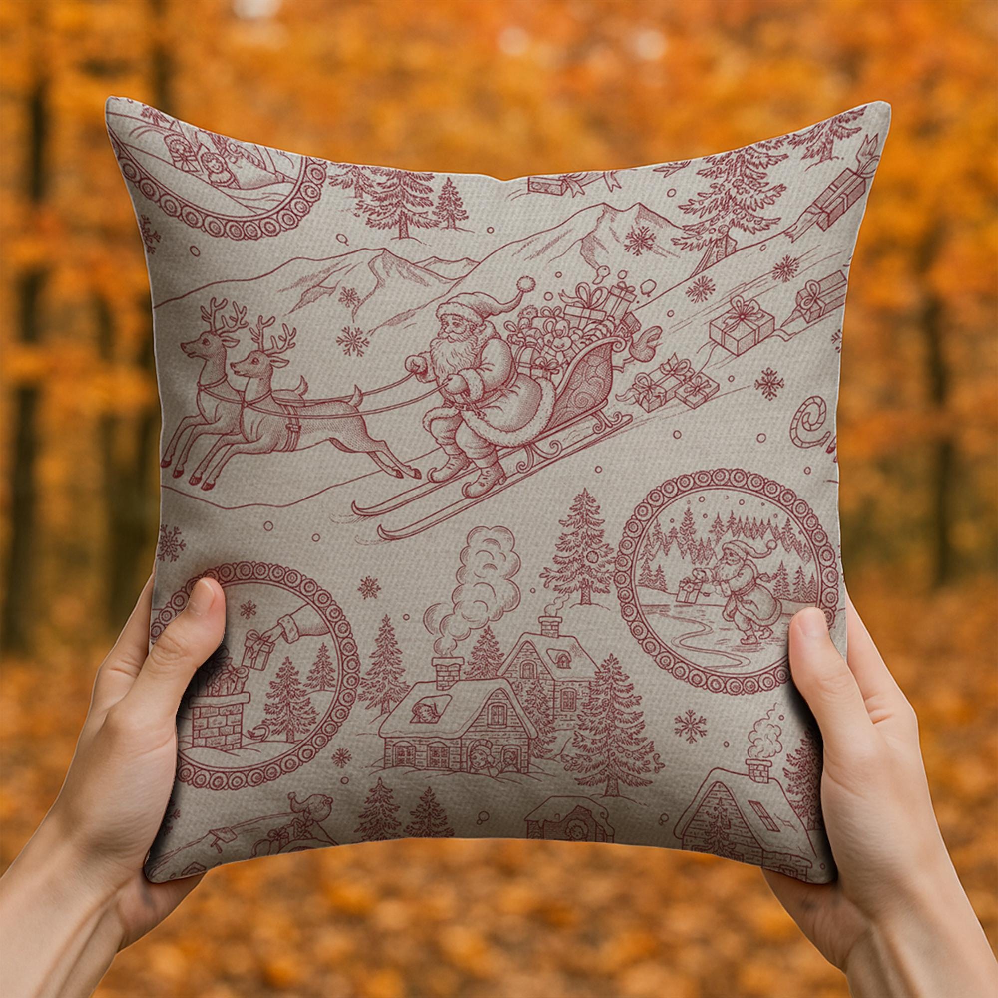 Linen Pillow – Santa Sleigh and Reindeer Pattern with Holiday Village Design