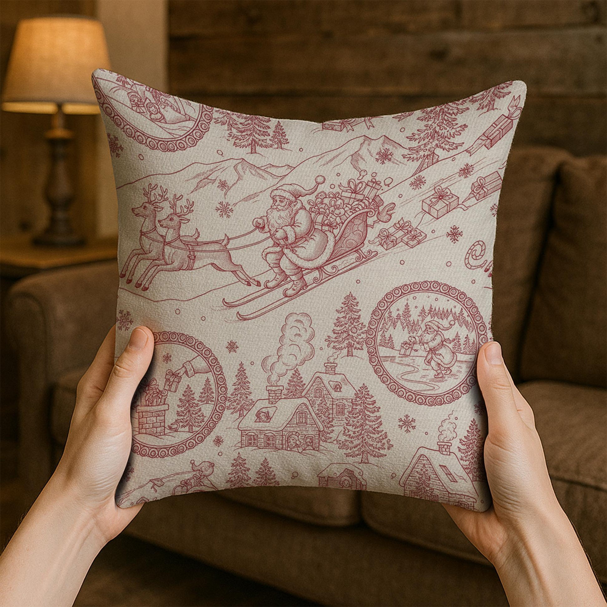 Linen Pillow – Santa Sleigh and Reindeer Pattern with Holiday Village Design