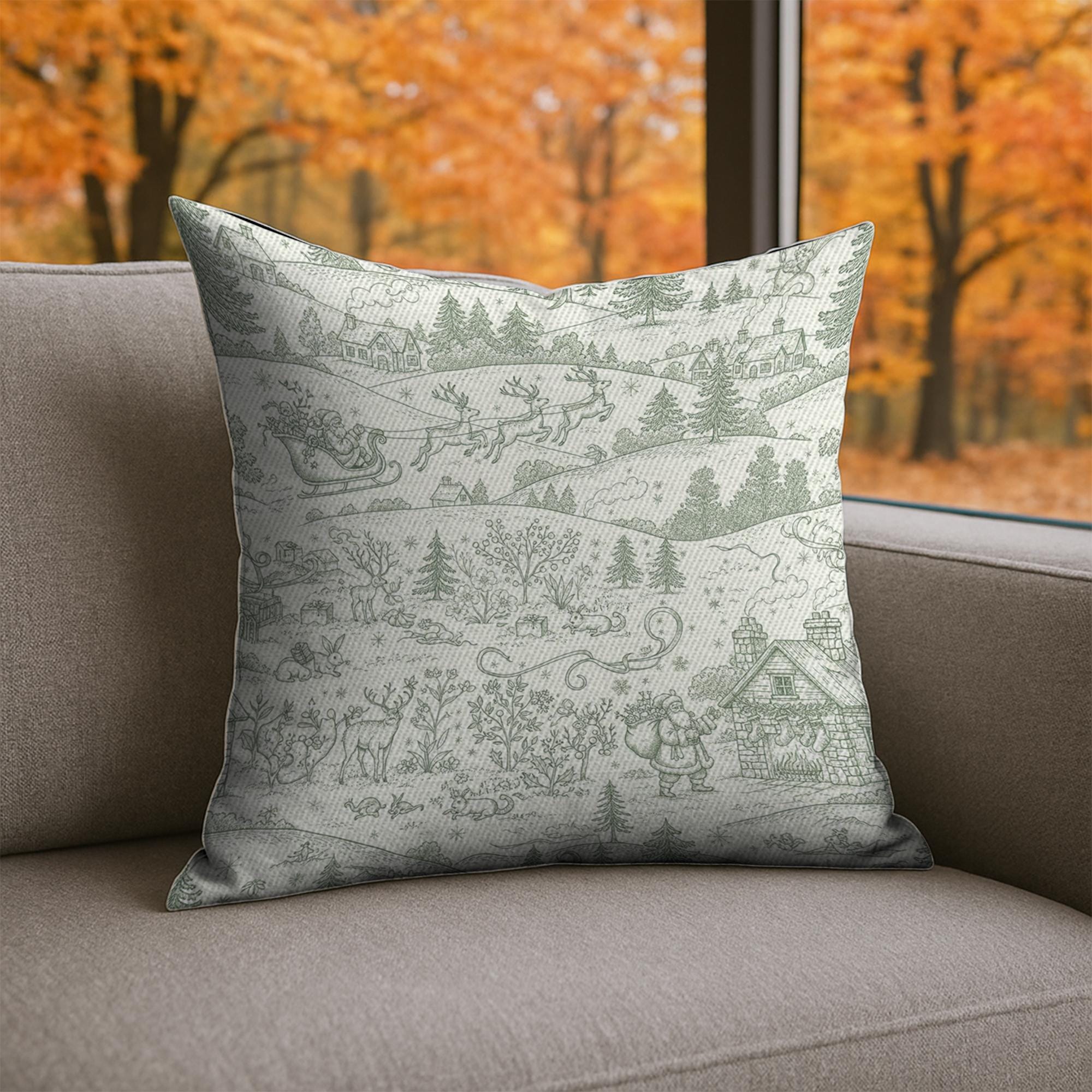 Linen Pillow – Santa Sleigh and Reindeer Pattern with Winter Village Scene