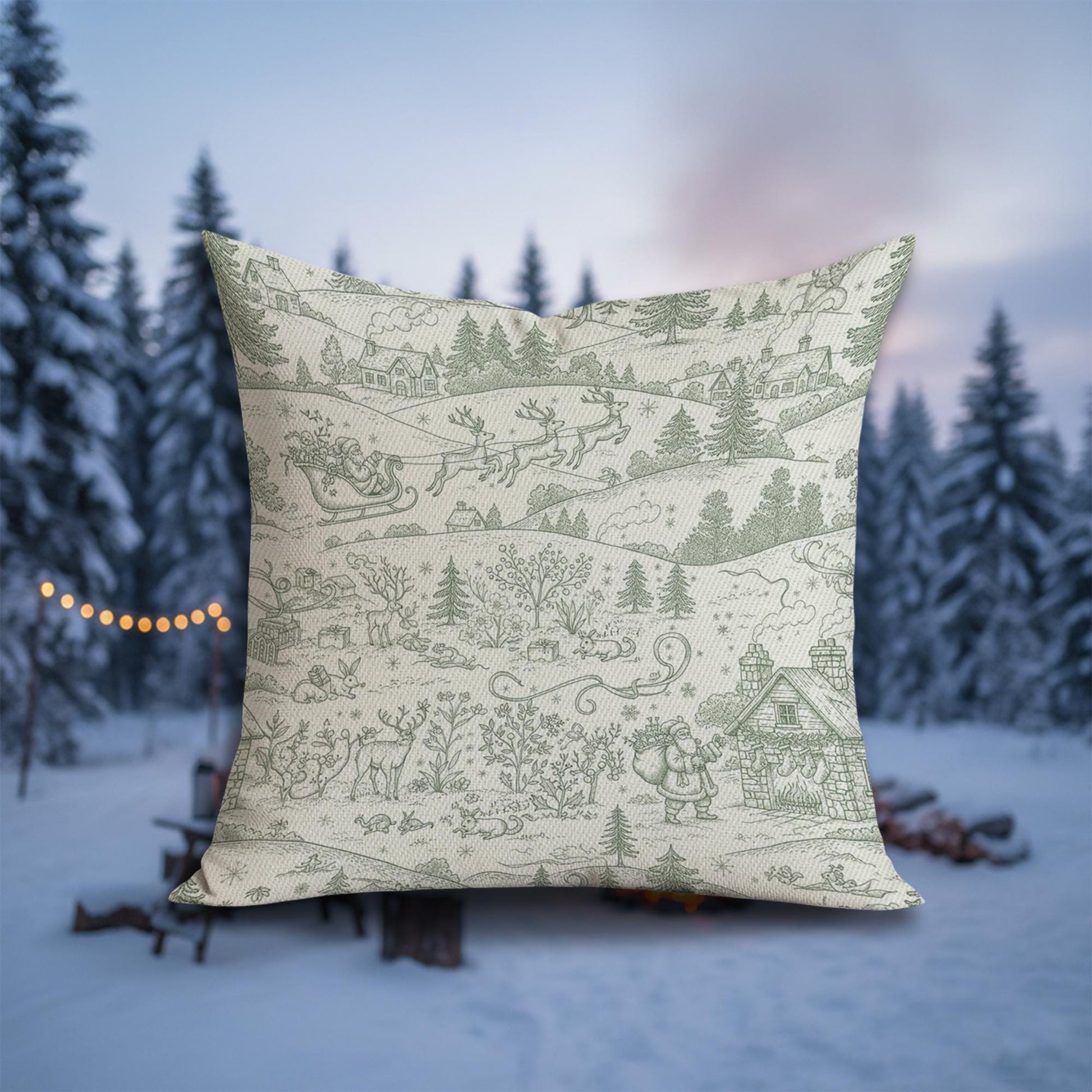 Linen Pillow – Santa Sleigh and Reindeer Pattern with Winter Village Scene