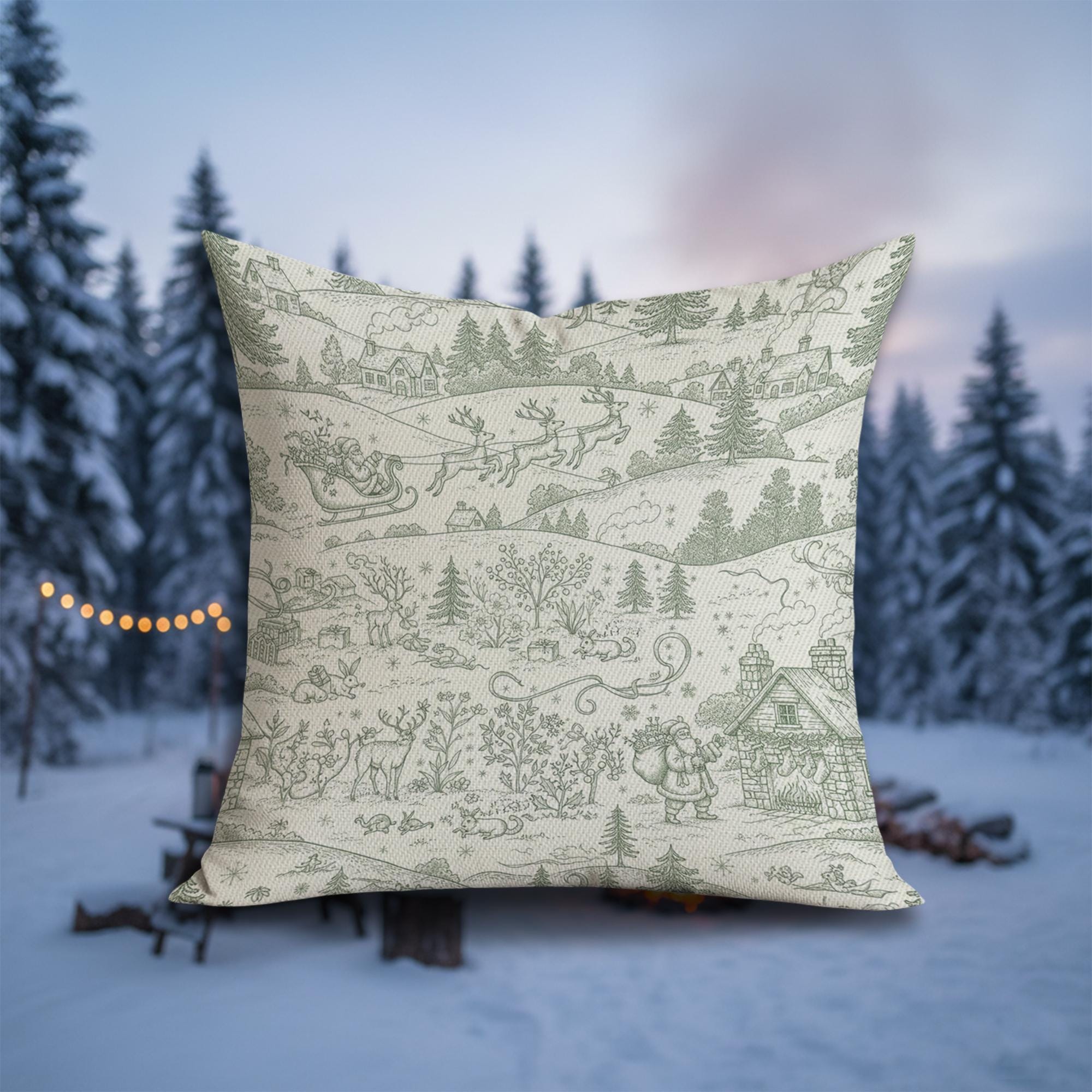 Linen Pillow – Santa Sleigh and Reindeer Pattern with Winter Village Scene