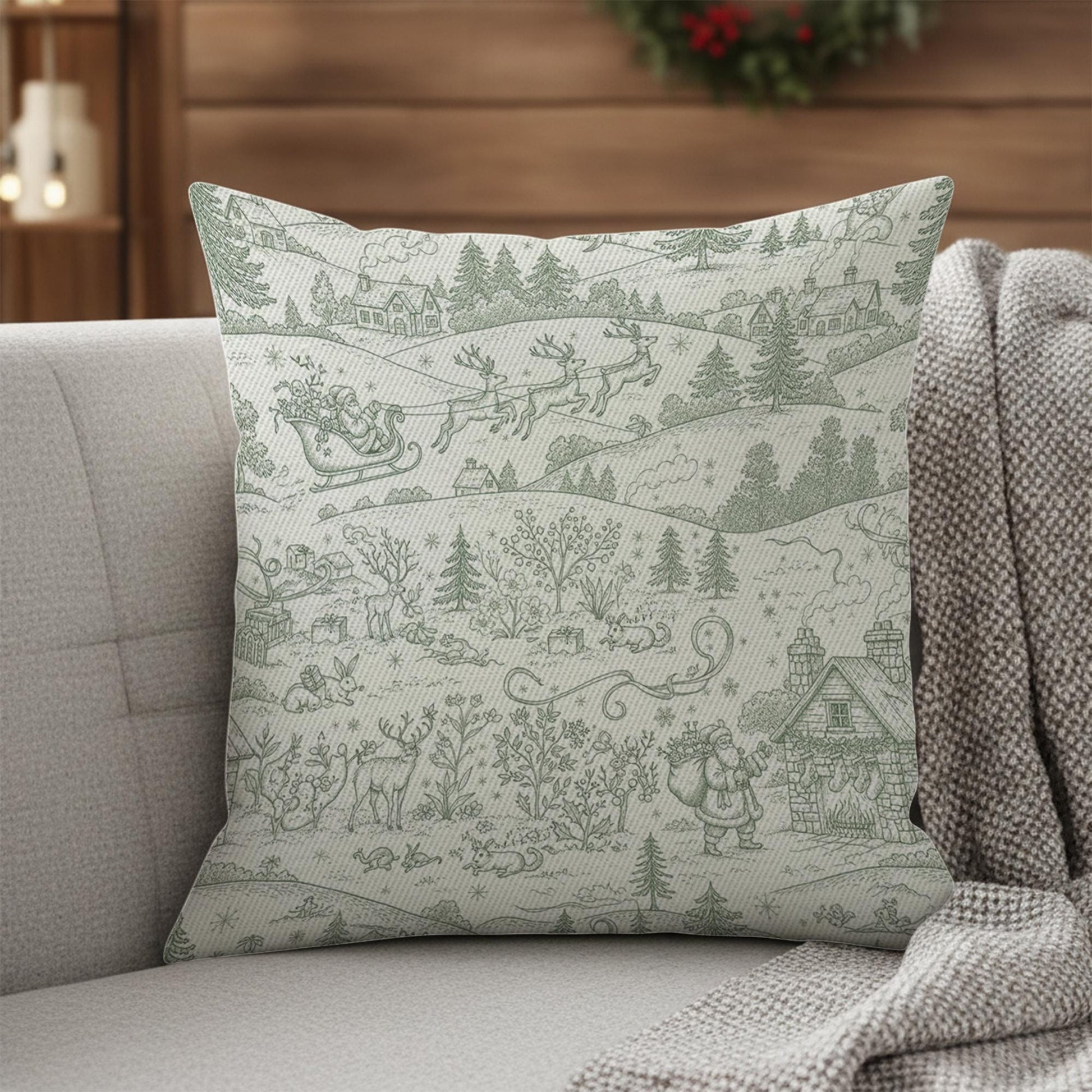 Linen Pillow – Santa Sleigh and Reindeer Pattern with Winter Village Scene