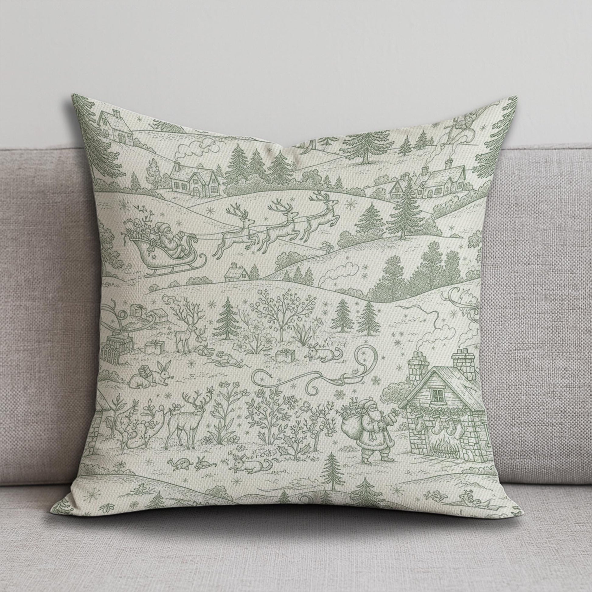Linen Pillow – Santa Sleigh and Reindeer Pattern with Winter Village Scene