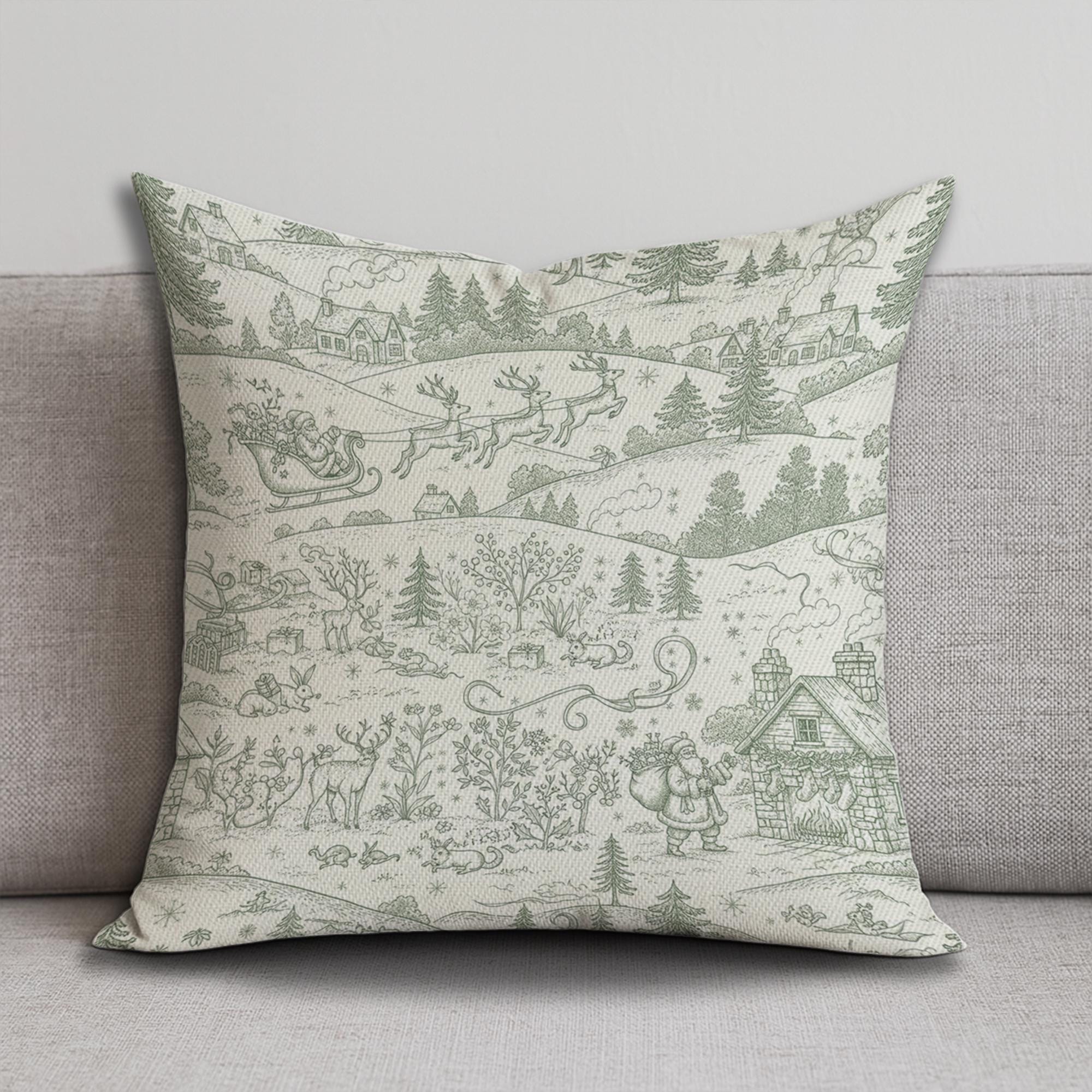 Linen Pillow – Santa Sleigh and Reindeer Pattern with Winter Village Scene