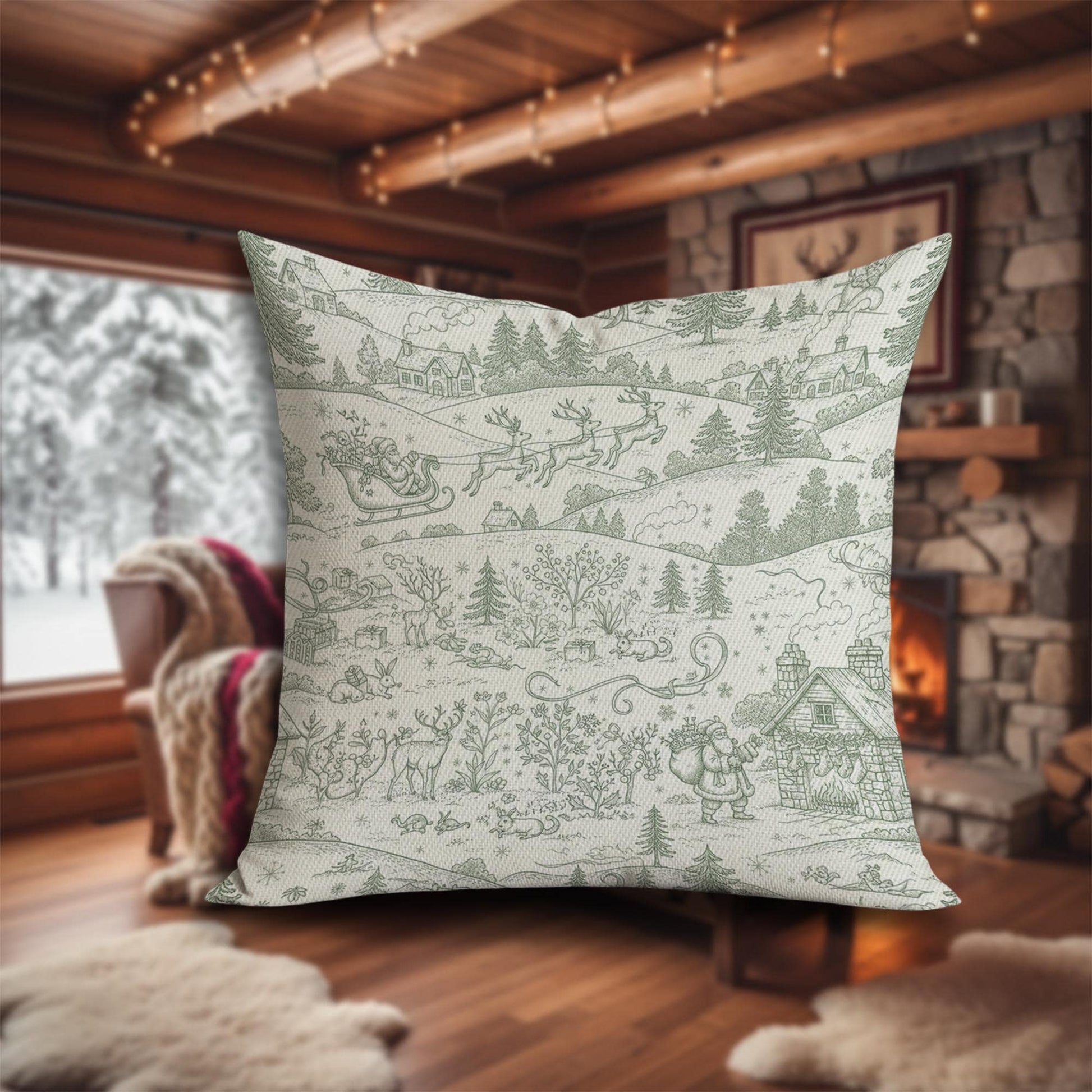 Linen Pillow – Santa Sleigh and Reindeer Pattern with Winter Village Scene