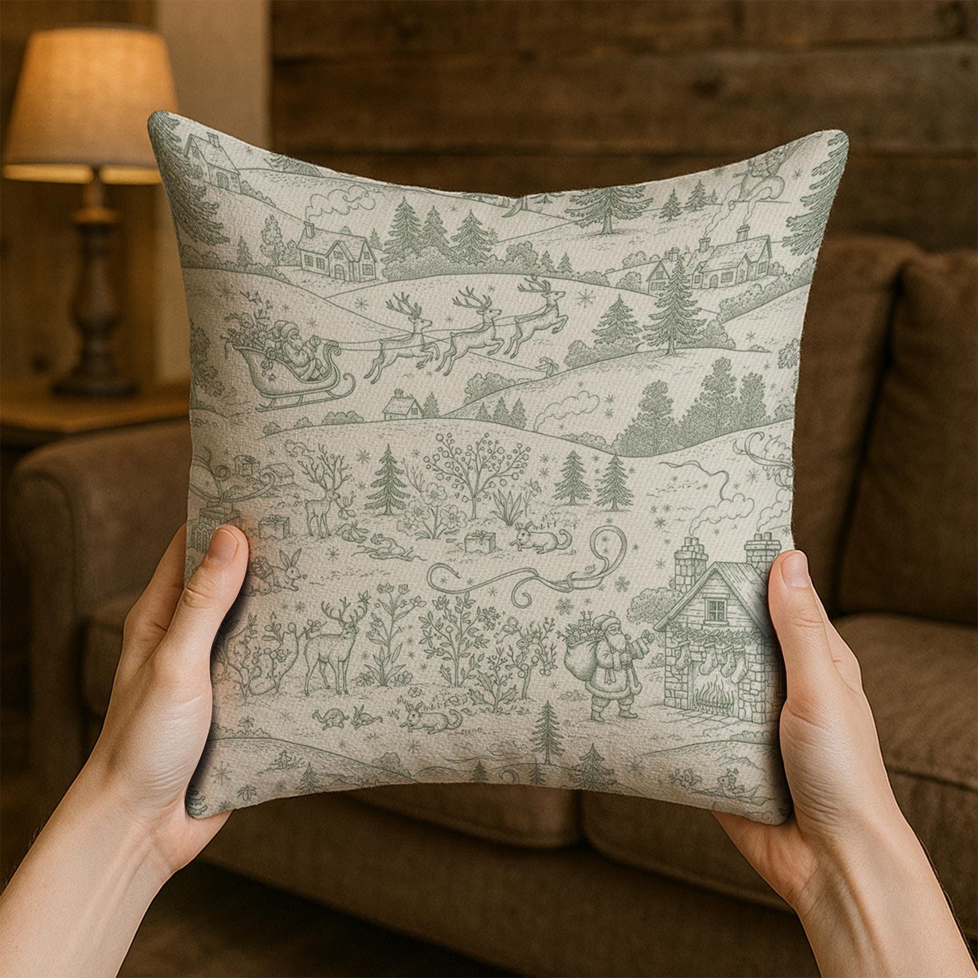 Linen Pillow – Santa Sleigh and Reindeer Pattern with Winter Village Scene
