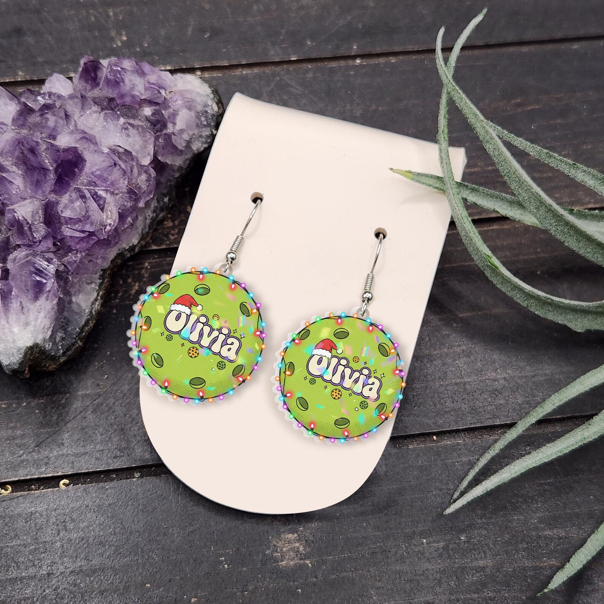 Personalized Earrings – Custom Name Dangle Jewelry with Holiday Lights Design
