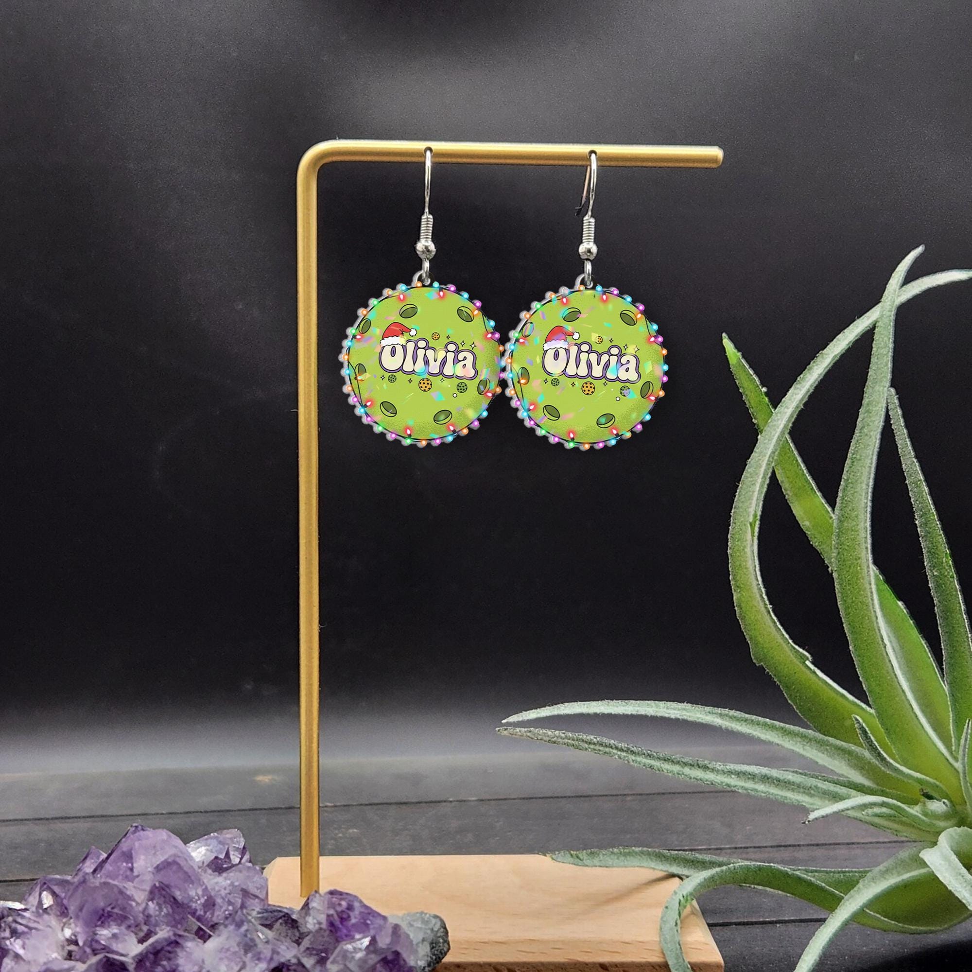 Personalized Earrings – Custom Name Dangle Jewelry with Holiday Lights Design