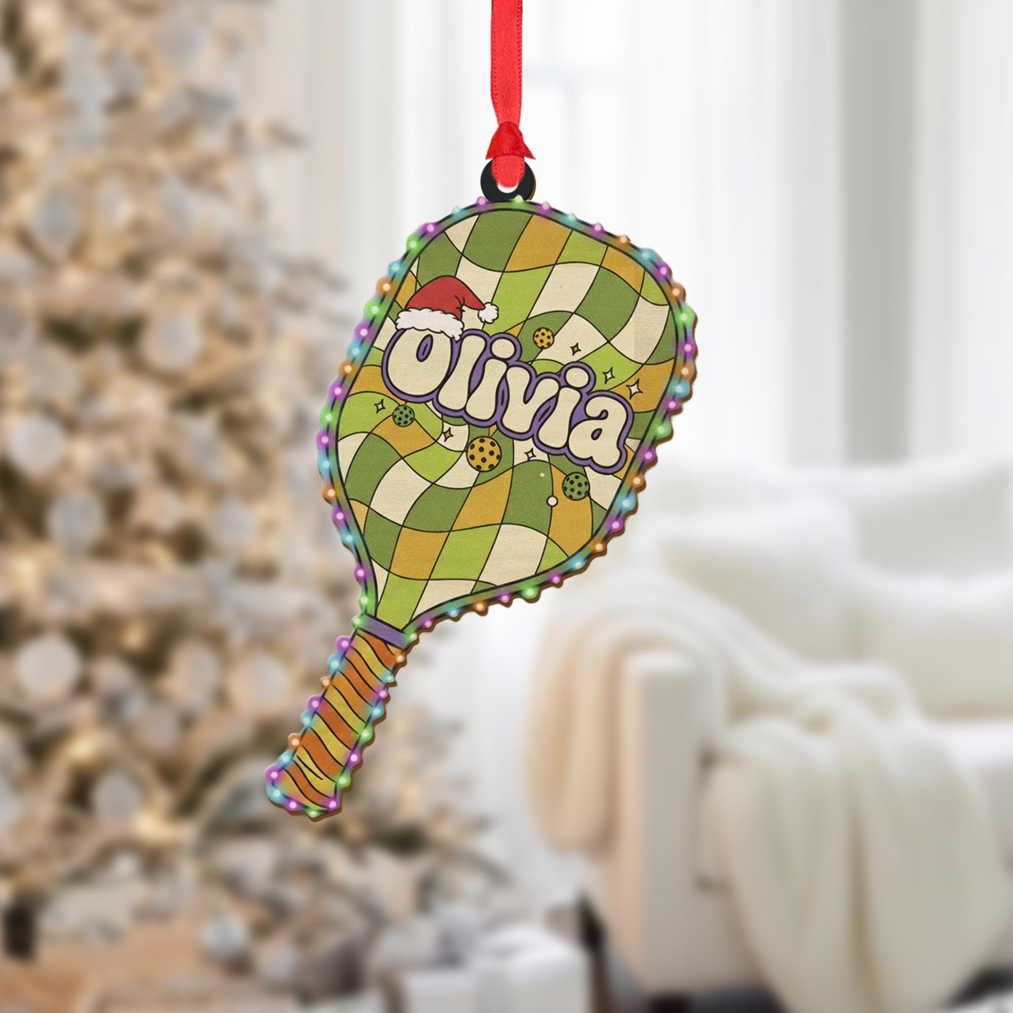 Personalized Ornament – Custom Name Pickleball Paddle with Holiday Lights