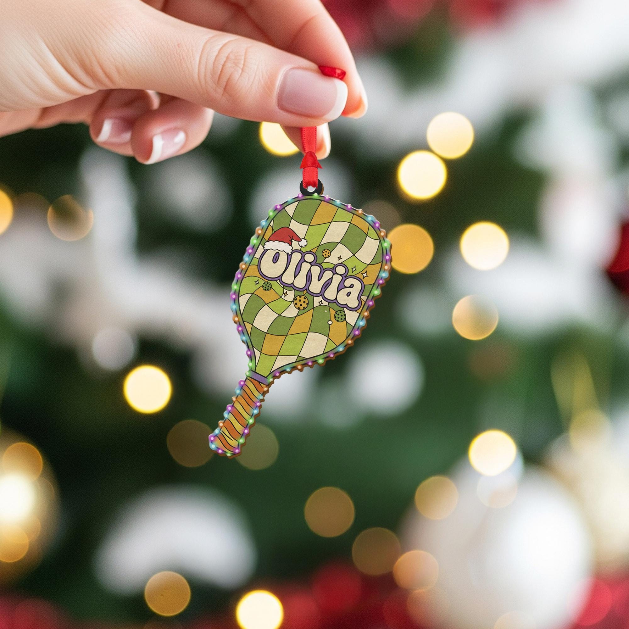 Personalized Ornament – Custom Name Pickleball Paddle with Holiday Lights