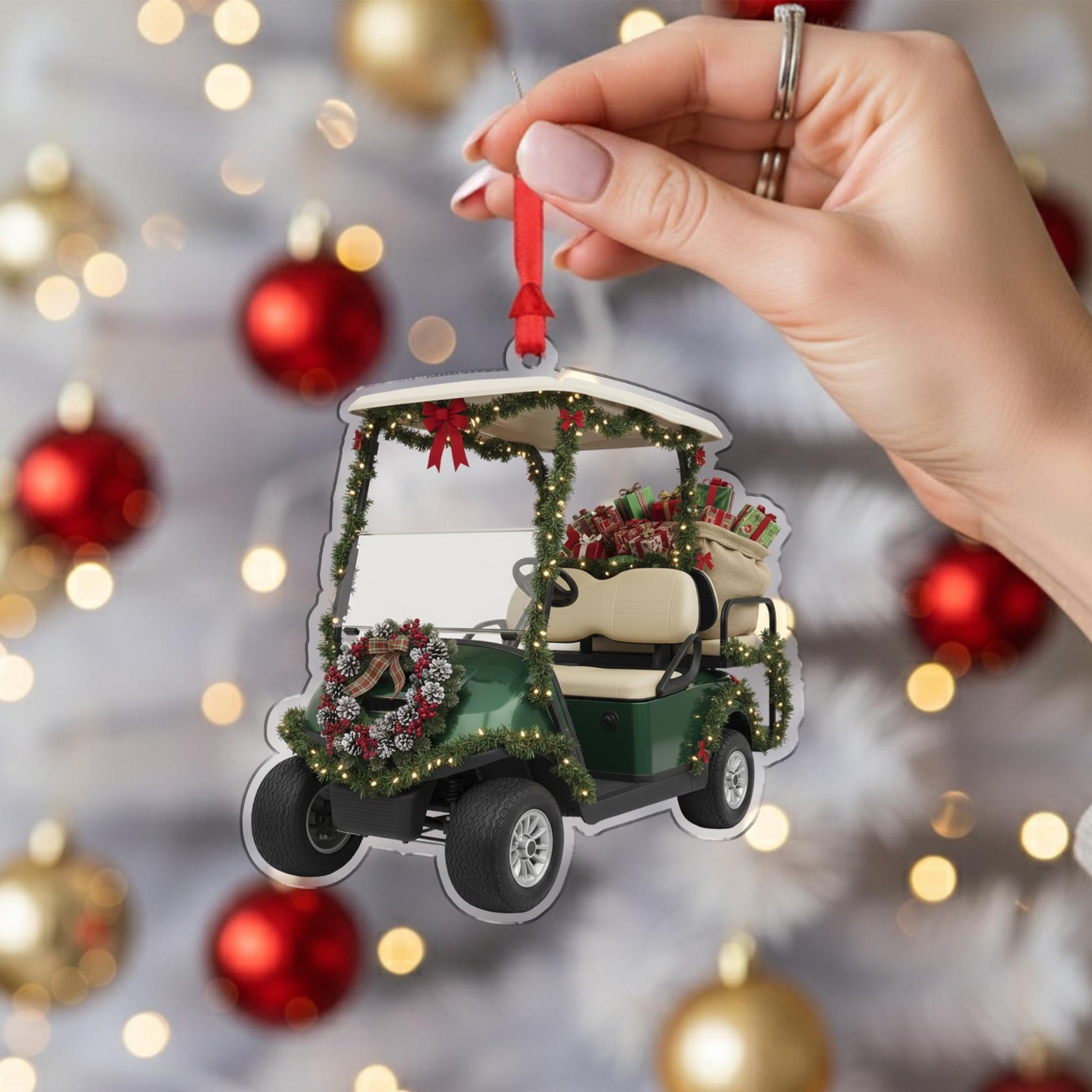 Golf Cart Ornament – Holiday Design with Wreath, Garland, and Gifts