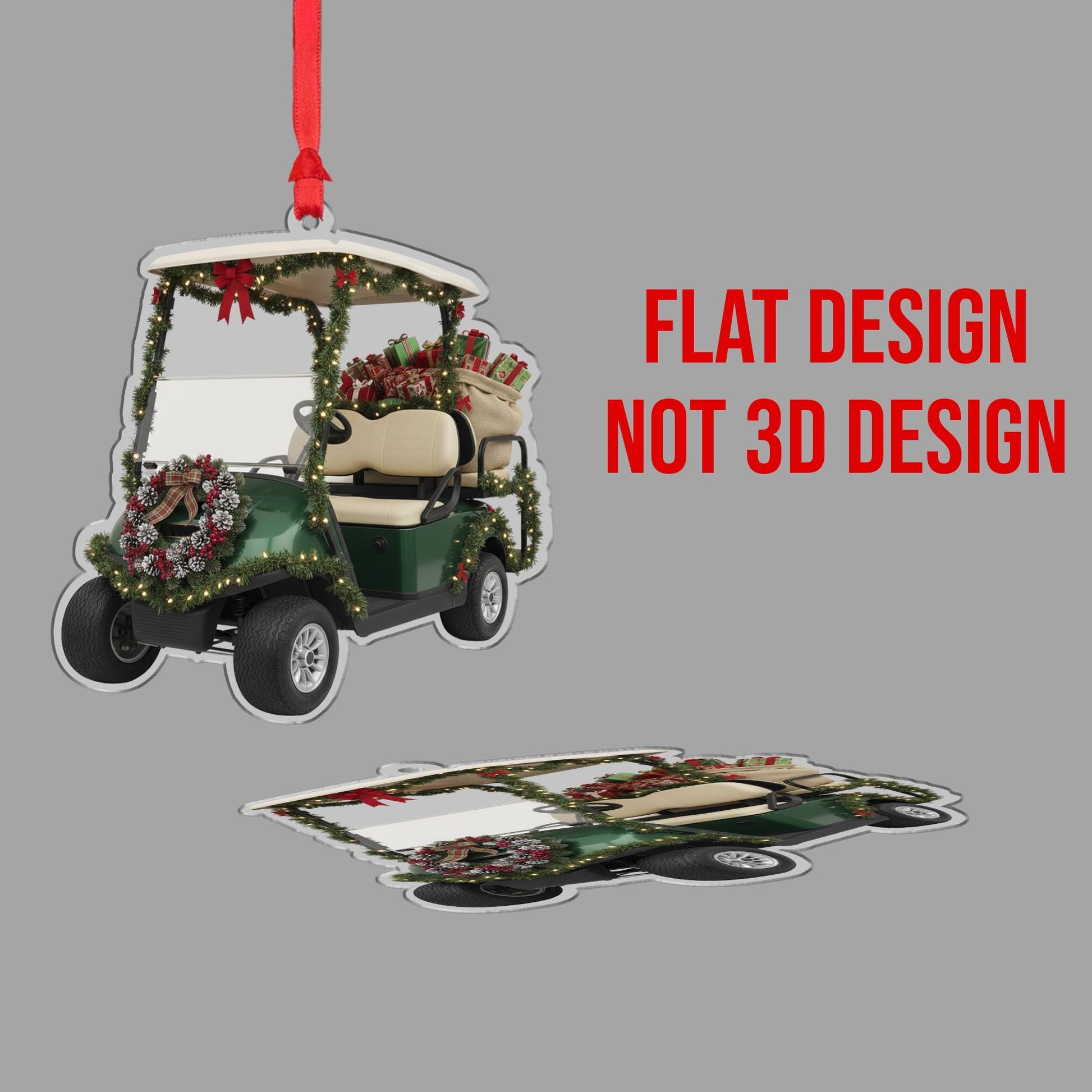 Golf Cart Ornament – Holiday Design with Wreath, Garland, and Gifts