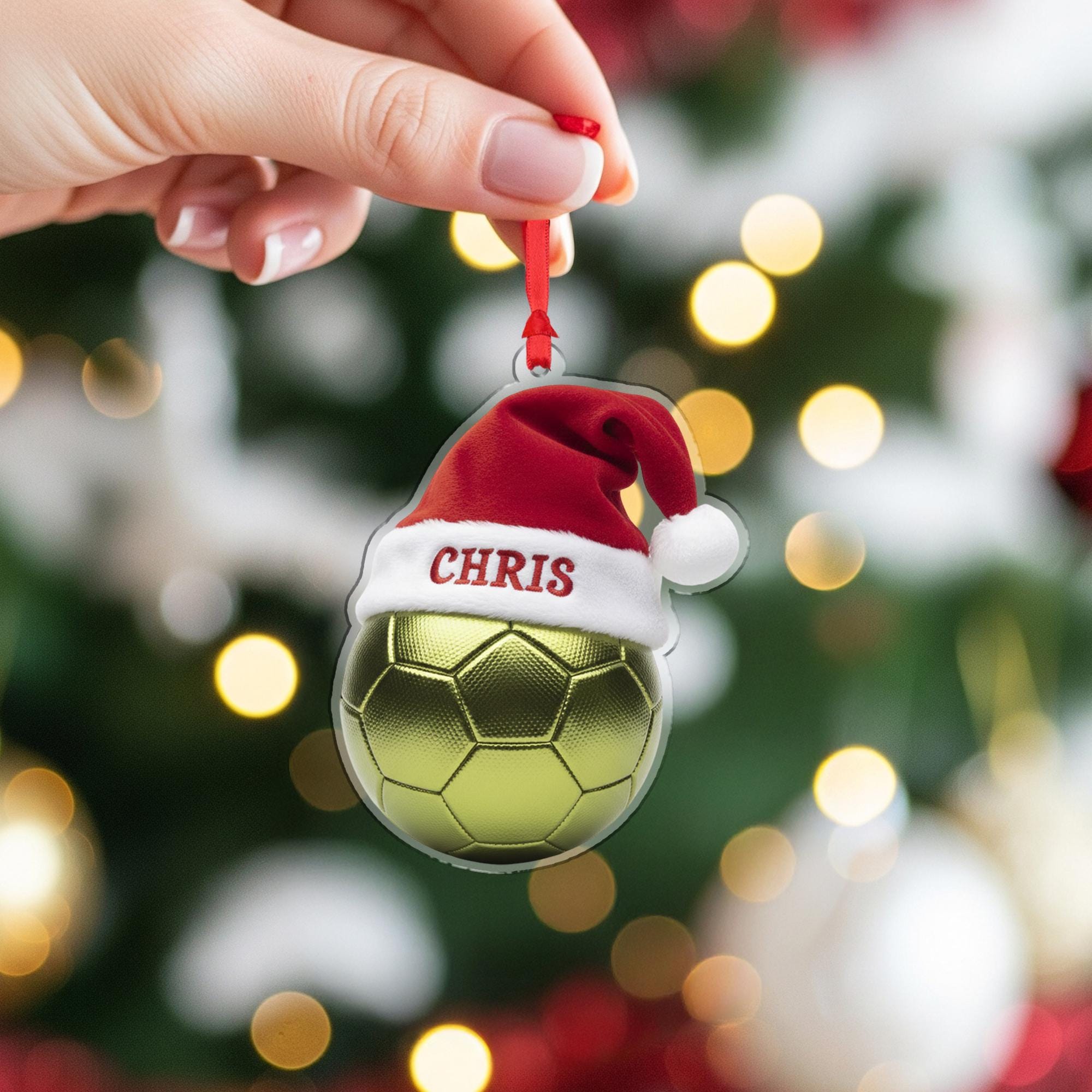 Personalized Ornament – Custom Soccer Ball with Santa Hat