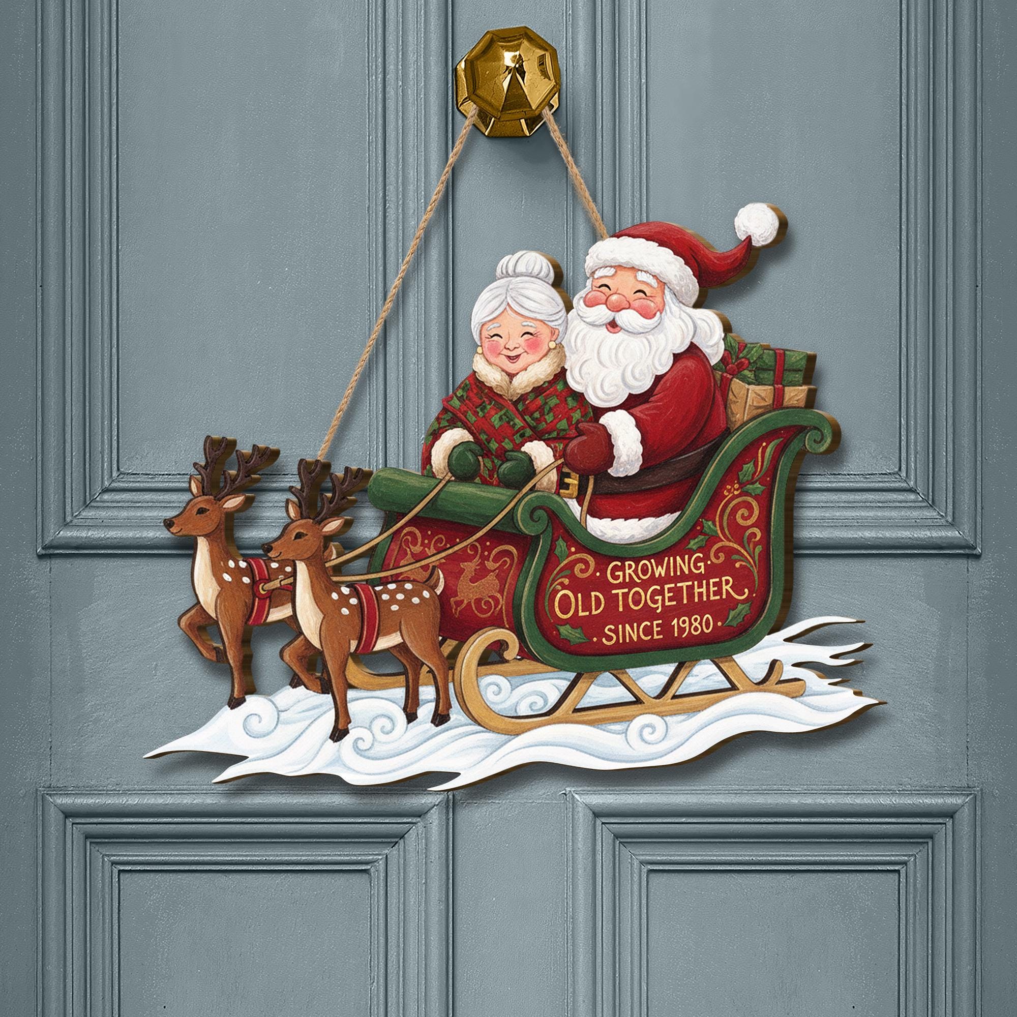 Wooden Door Hanger – Santa and Mrs Claus Sleigh with Reindeer Design