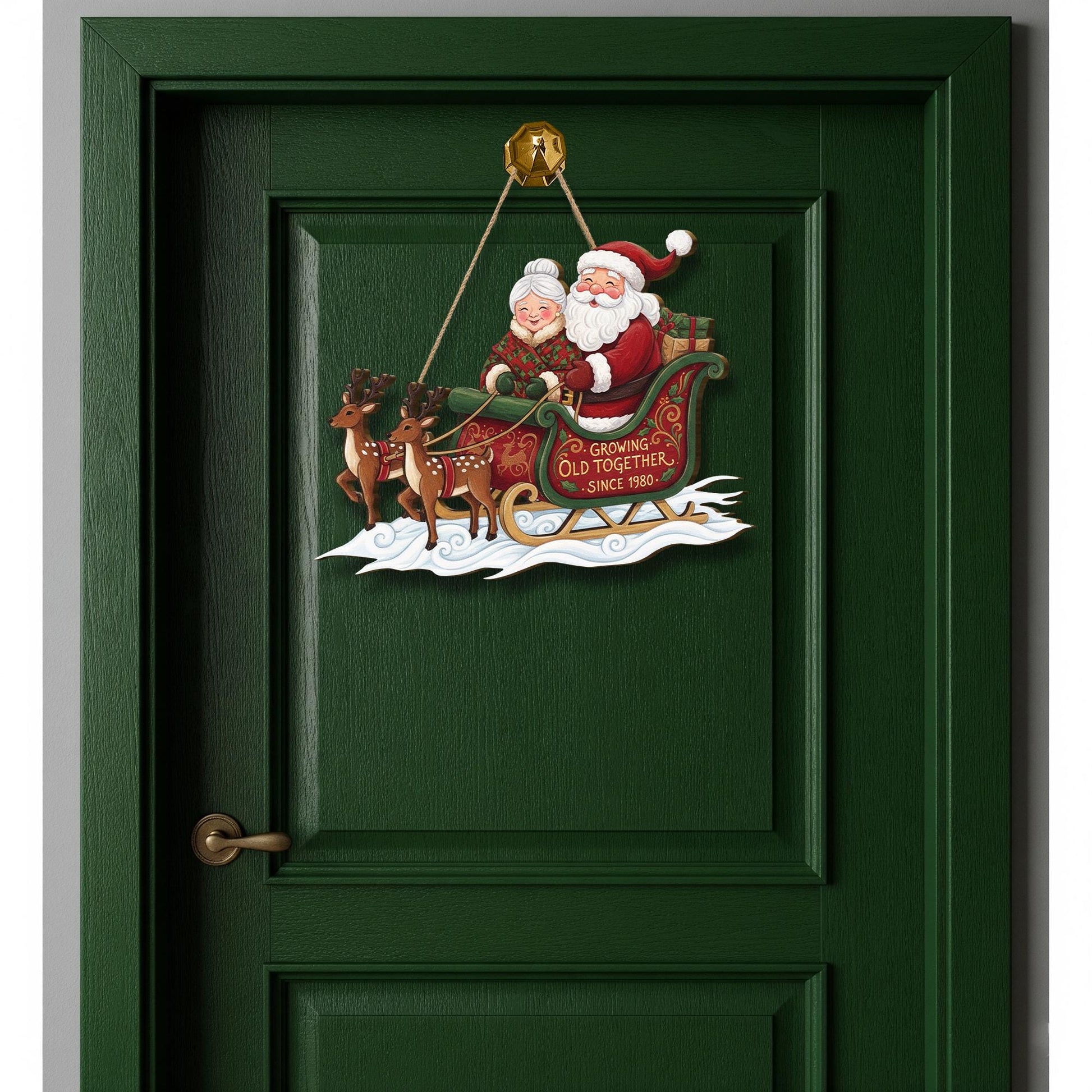 Wooden Door Hanger – Santa and Mrs Claus Sleigh with Reindeer Design