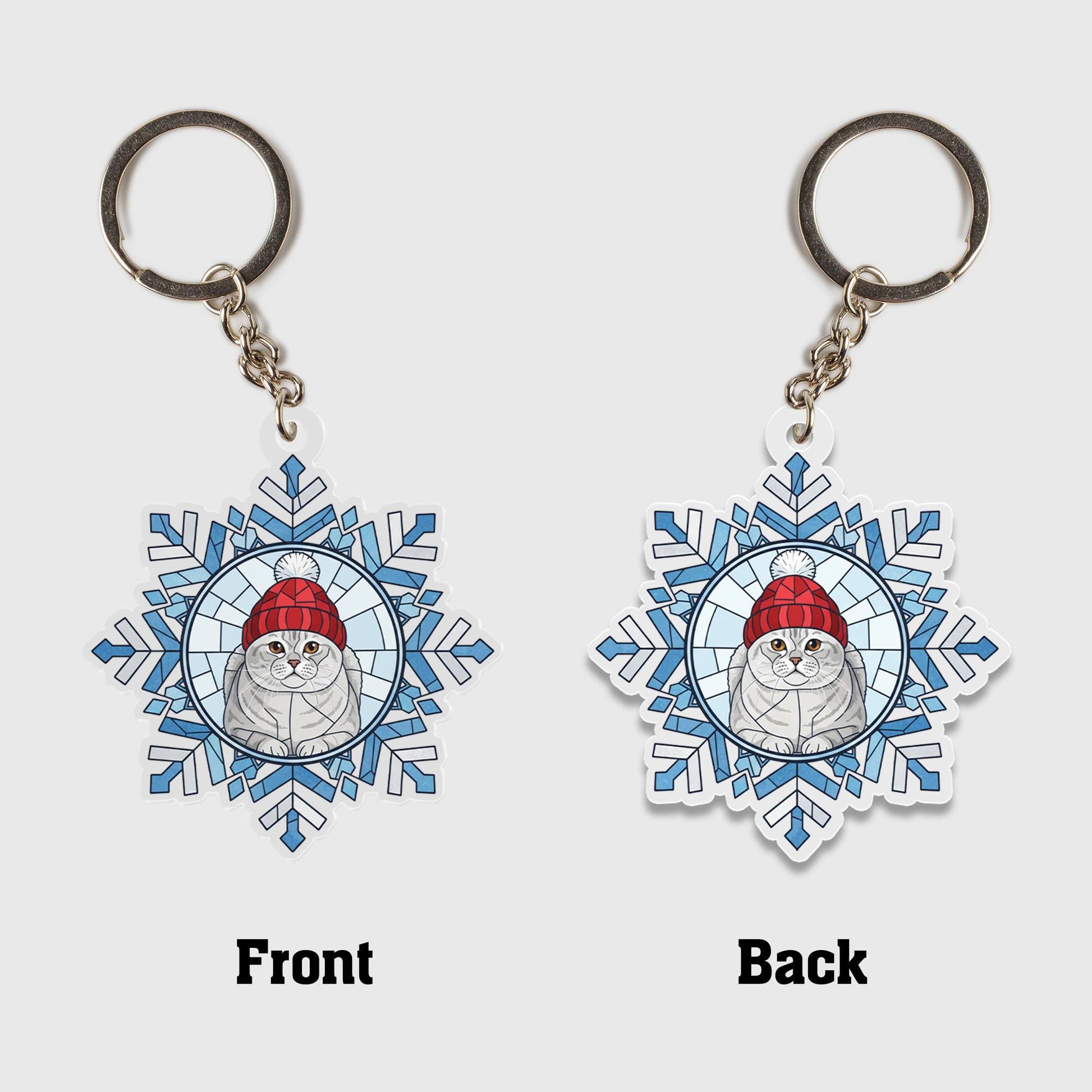 Acrylic Keychain – Snowflake Design with Cat in Winter Hat