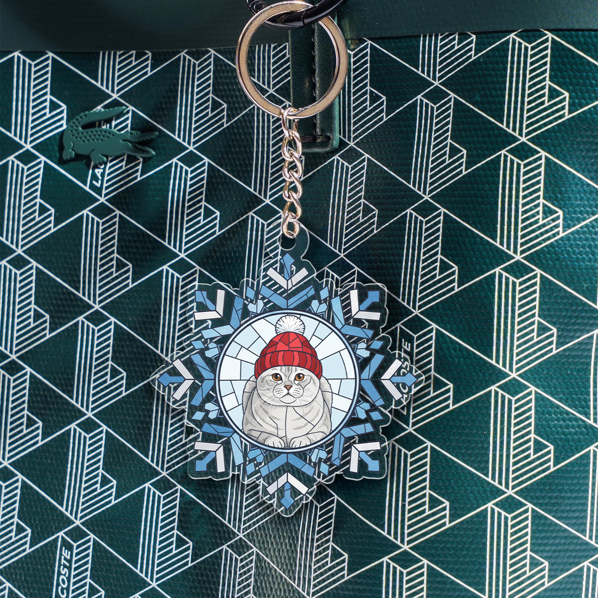Acrylic Keychain – Snowflake Design with Cat in Winter Hat