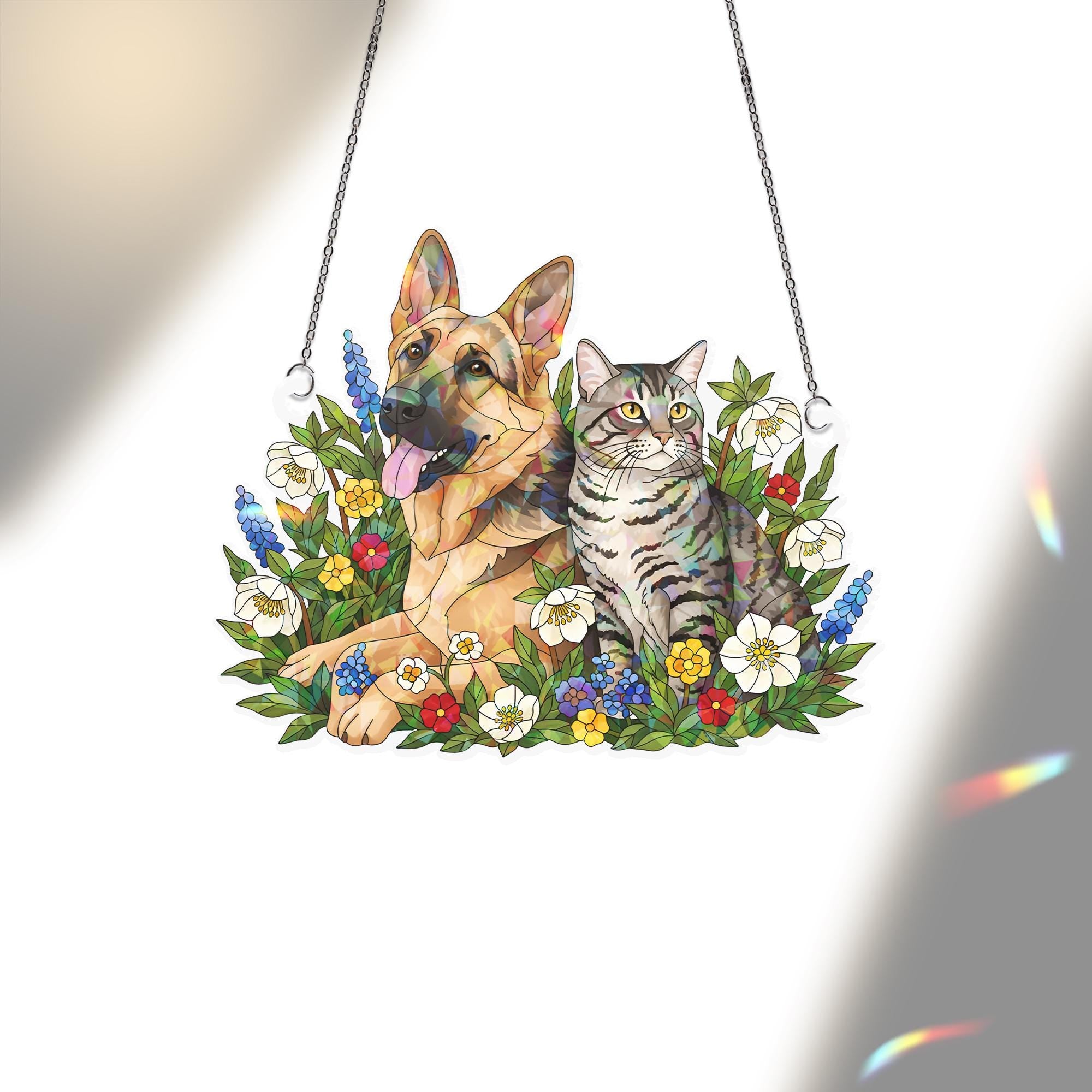 Holographic Window Hanging – Custom Dog and Cat Design with Floral Border
