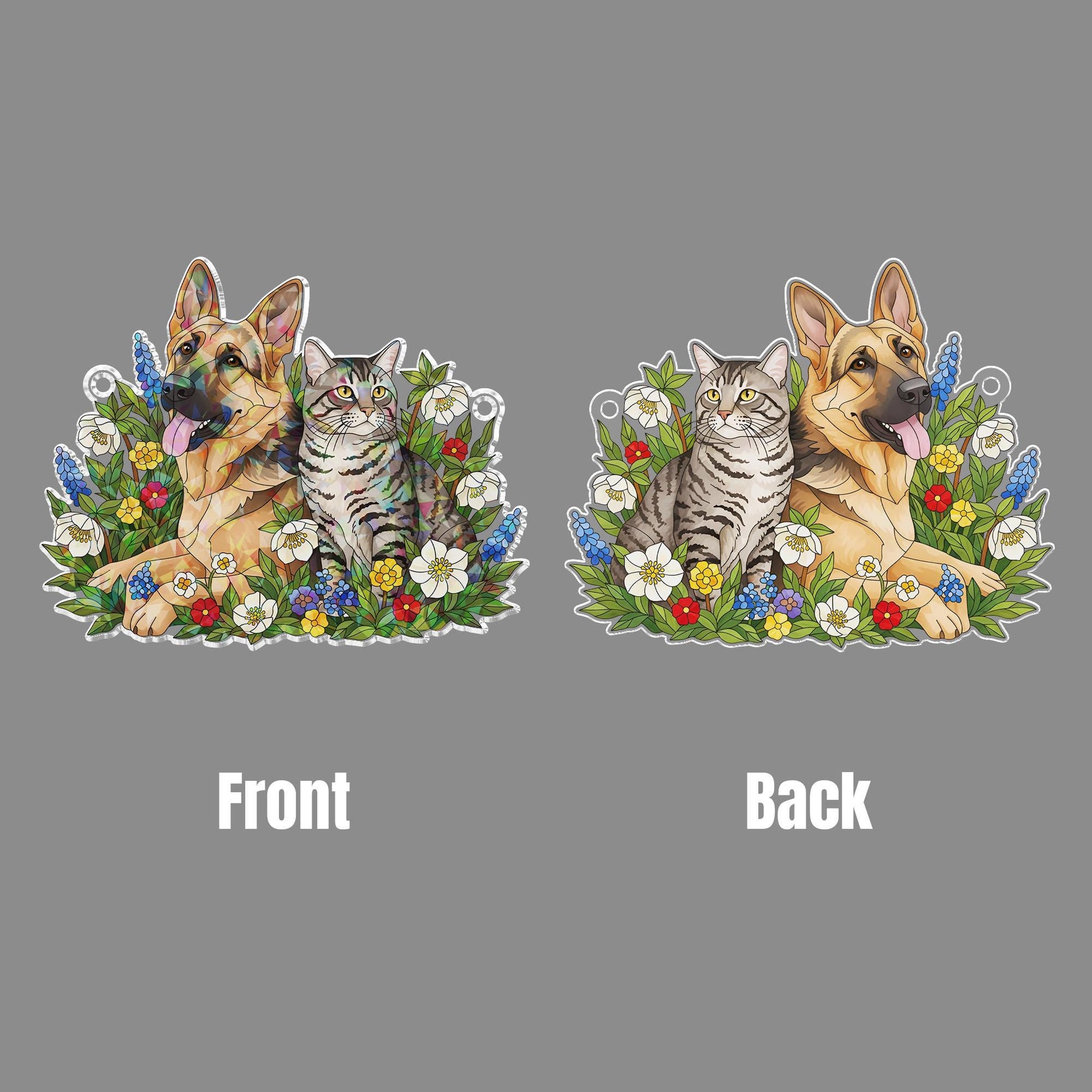 Holographic Window Hanging – Custom Dog and Cat Design with Floral Border