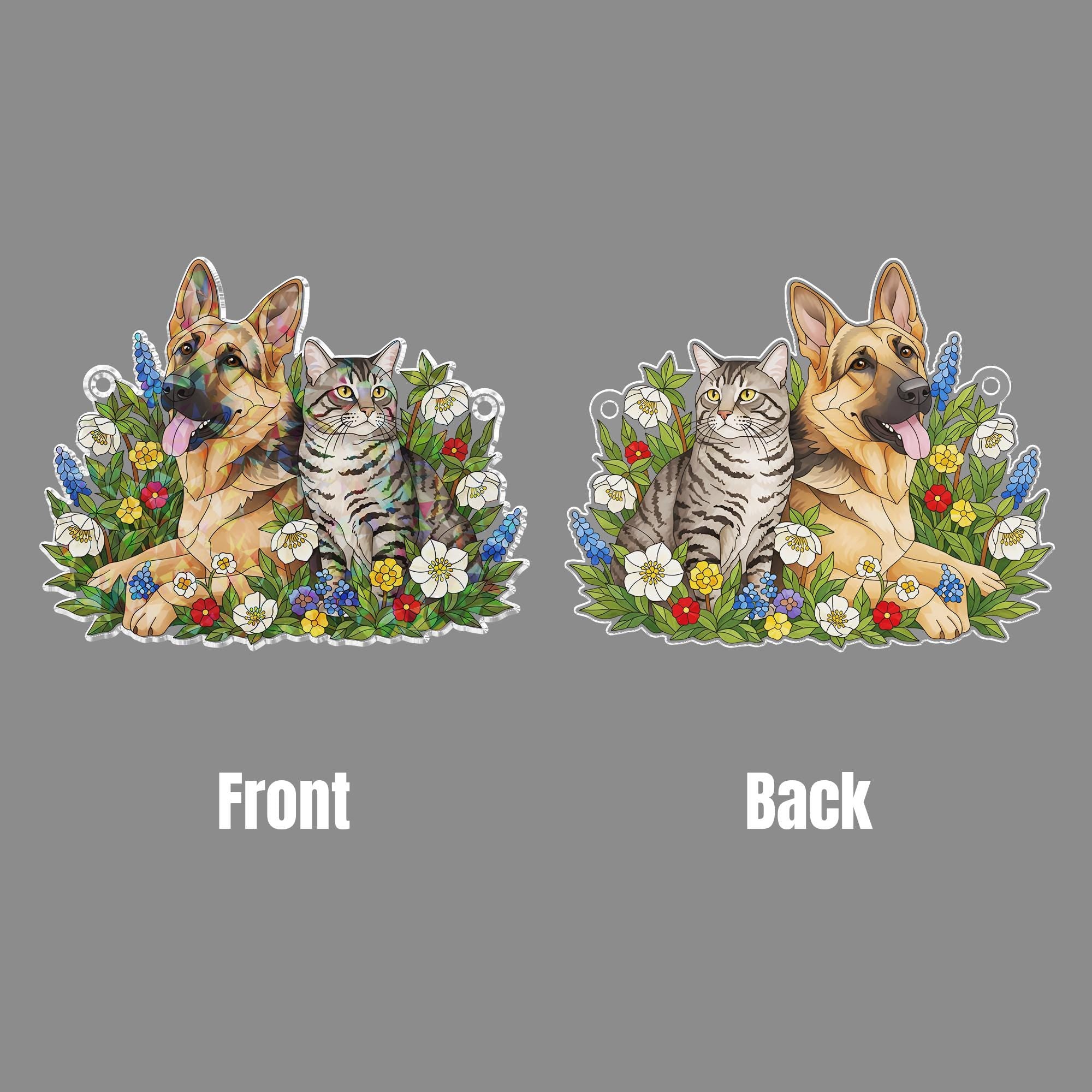 Holographic Window Hanging – Custom Dog and Cat Design with Floral Border