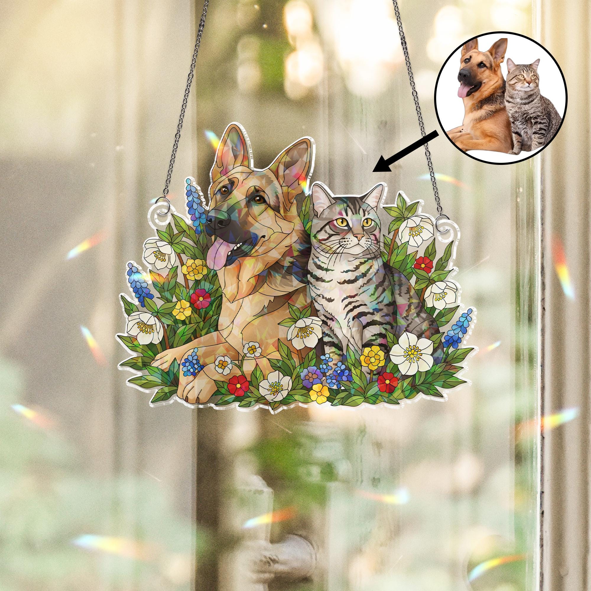 Holographic Window Hanging – Custom Dog and Cat Design with Floral Border
