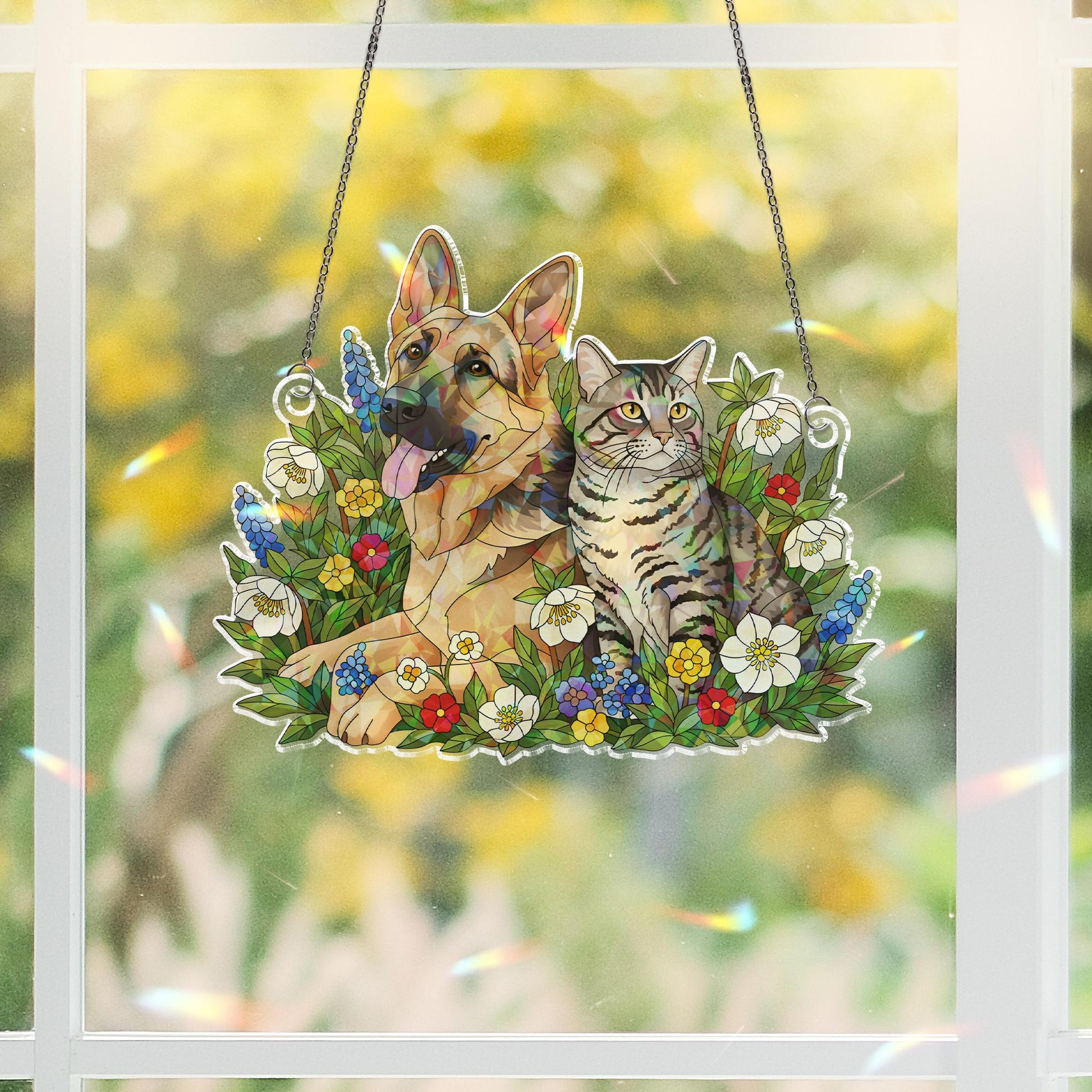 Holographic Window Hanging – Custom Dog and Cat Design with Floral Border
