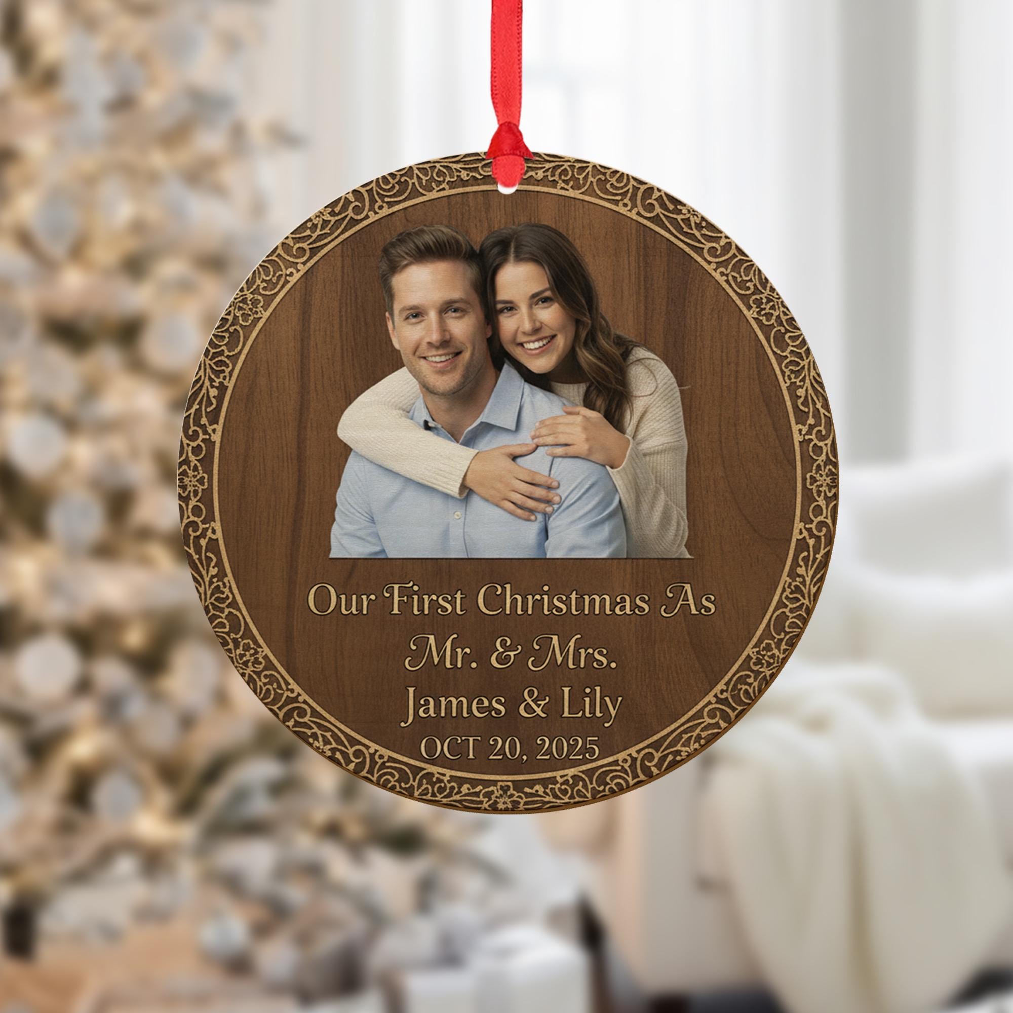 Wood Ornament – Personalized Photo Design with Custom Names and Date