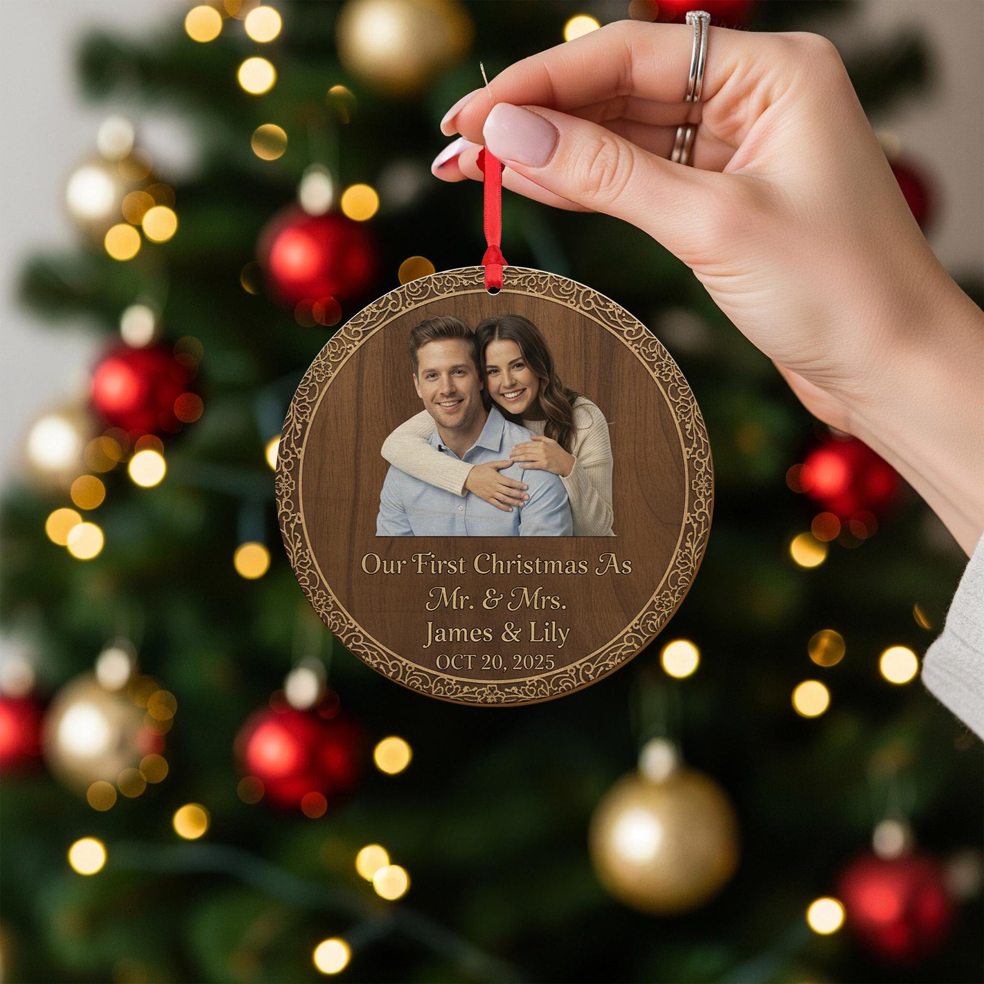 Wood Ornament – Personalized Photo Design with Custom Names and Date