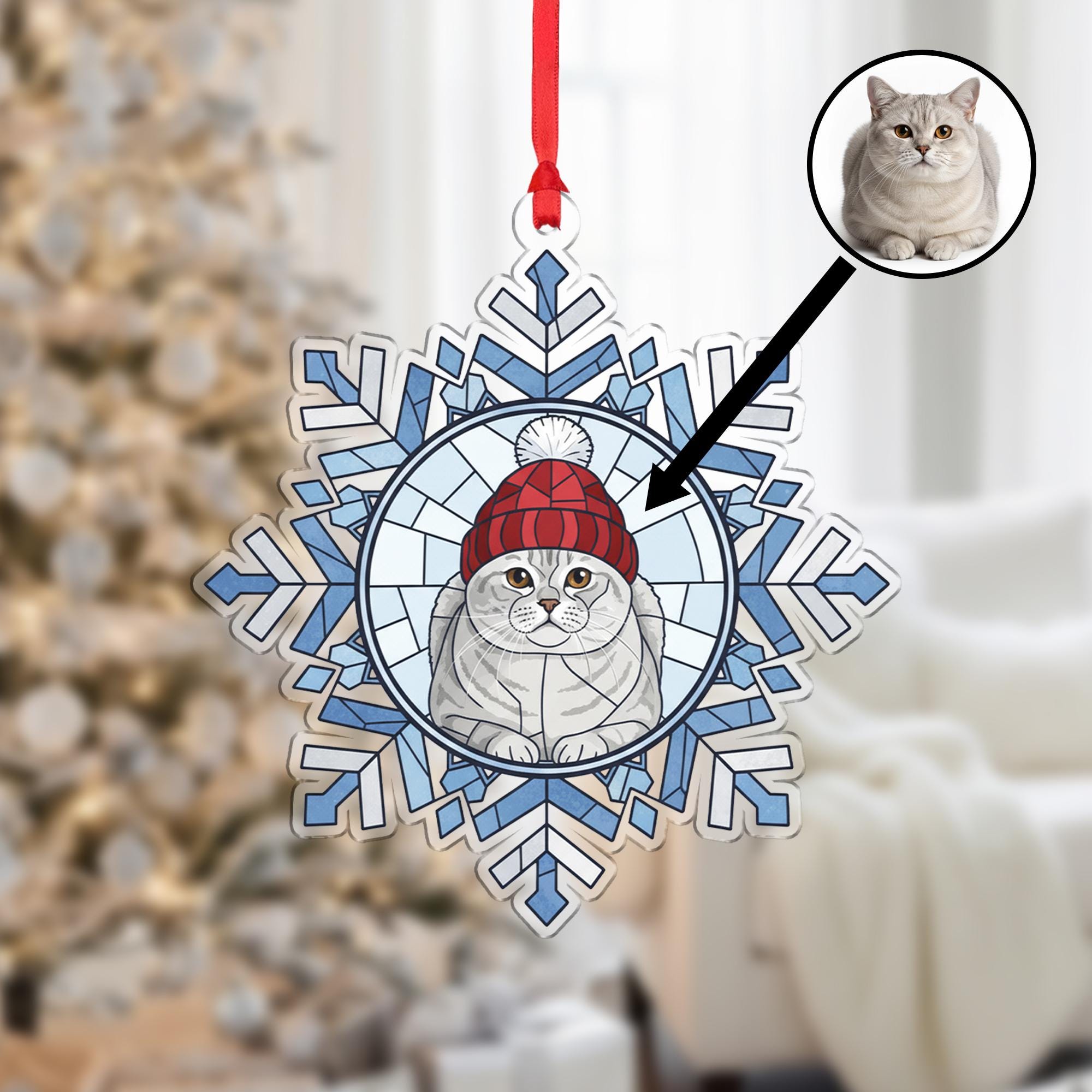Personalized Ornament – Custom Cat Portrait in Snowflake Design with Winter Hat