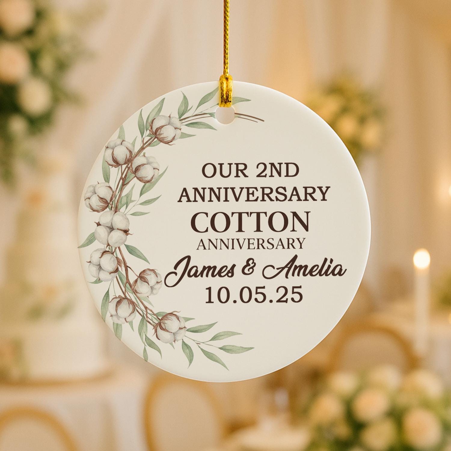Personalized Ceramic Anniversary Ornament – 2nd Cotton Anniversary