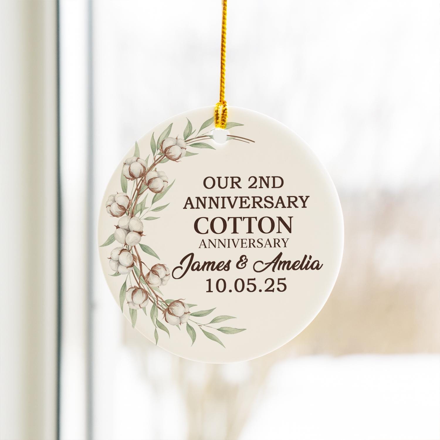 Personalized Ceramic Anniversary Ornament – 2nd Cotton Anniversary