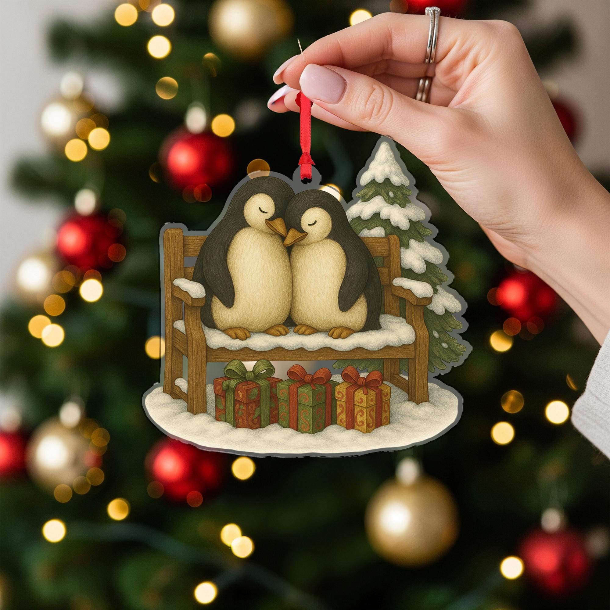 Penguin Ornament – Winter Bench Design with Snow Tree and Gifts