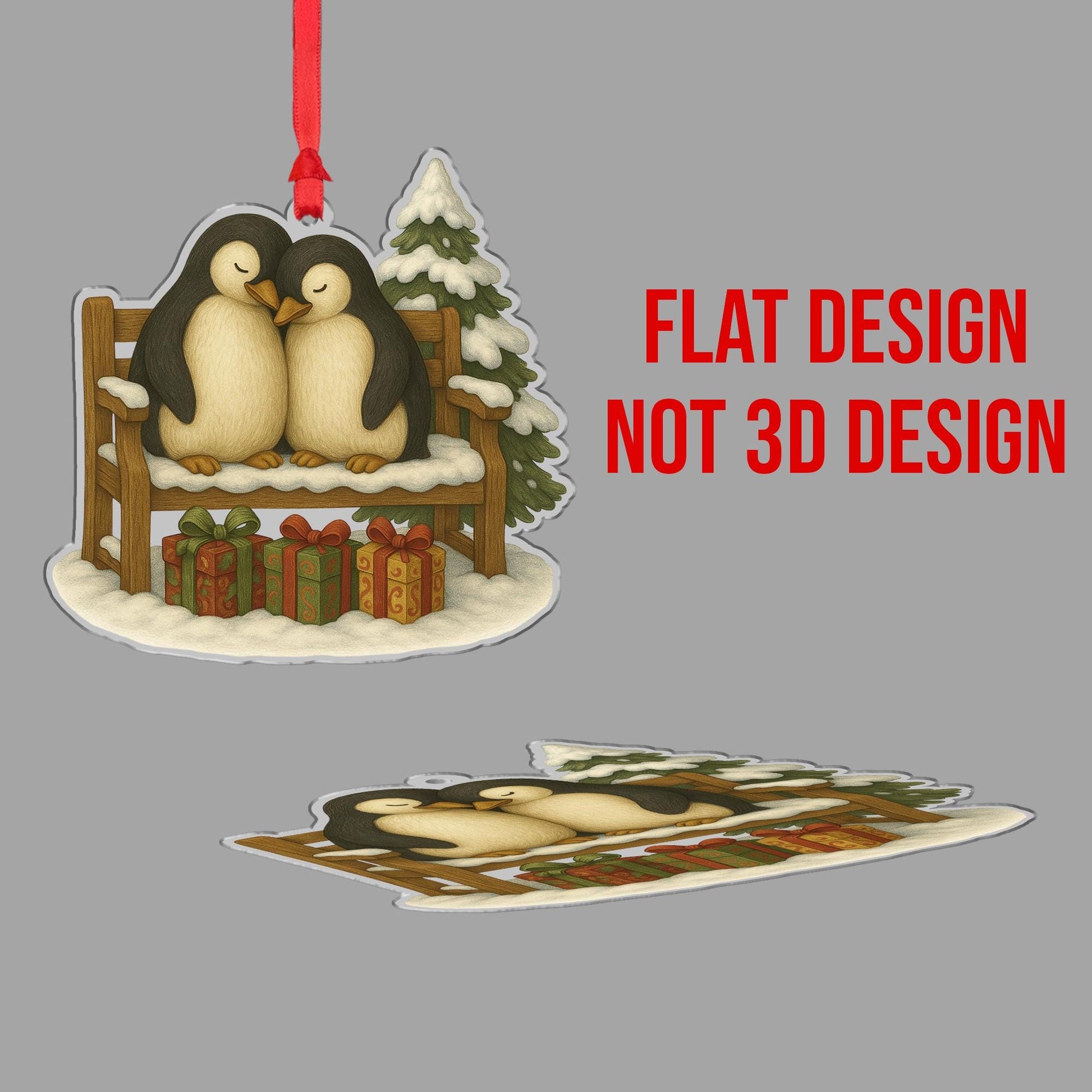 Penguin Ornament – Winter Bench Design with Snow Tree and Gifts