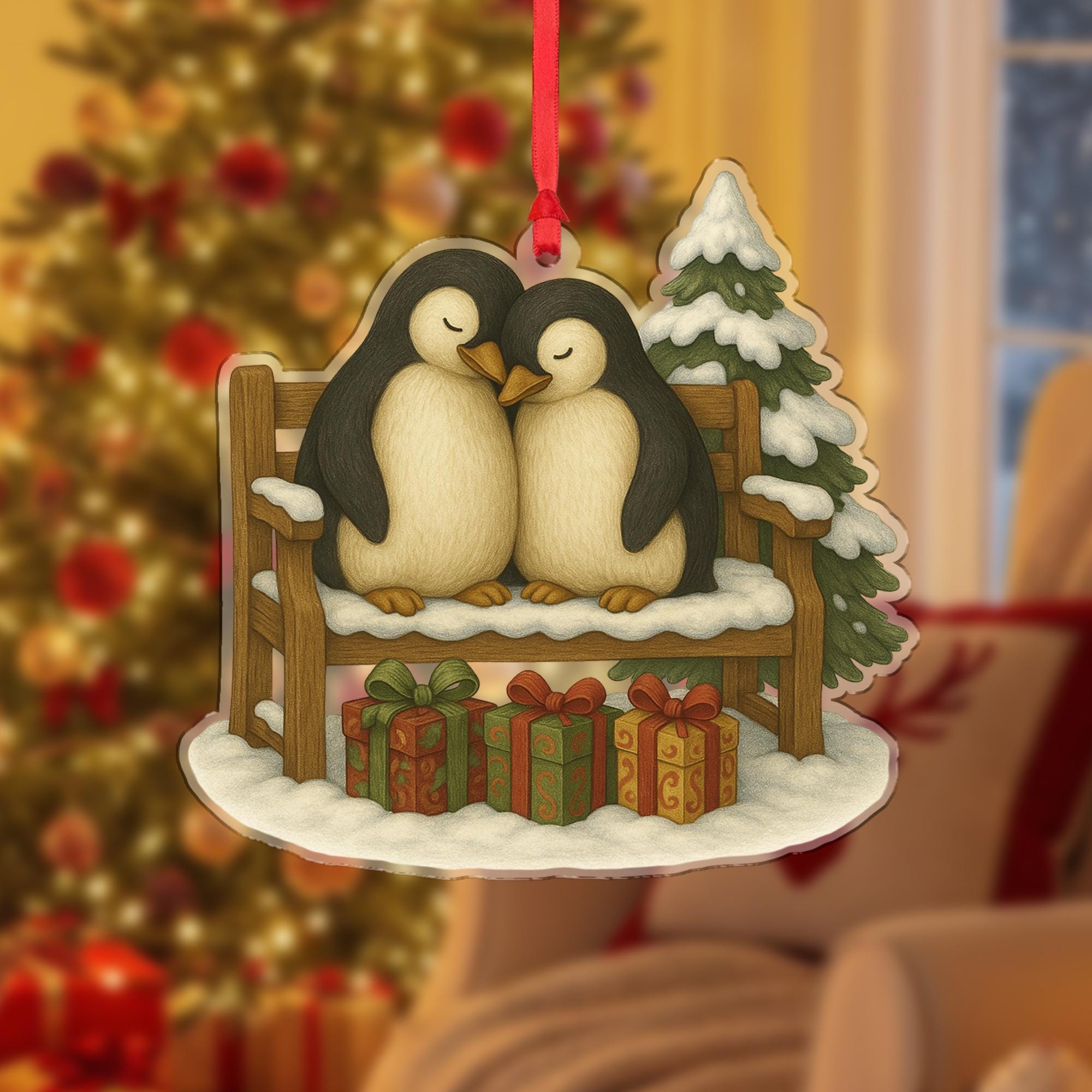 Penguin Ornament – Winter Bench Design with Snow Tree and Gifts