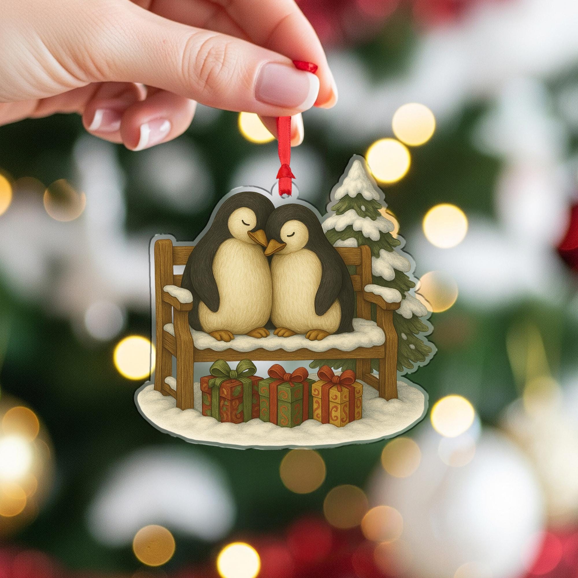 Penguin Ornament – Winter Bench Design with Snow Tree and Gifts