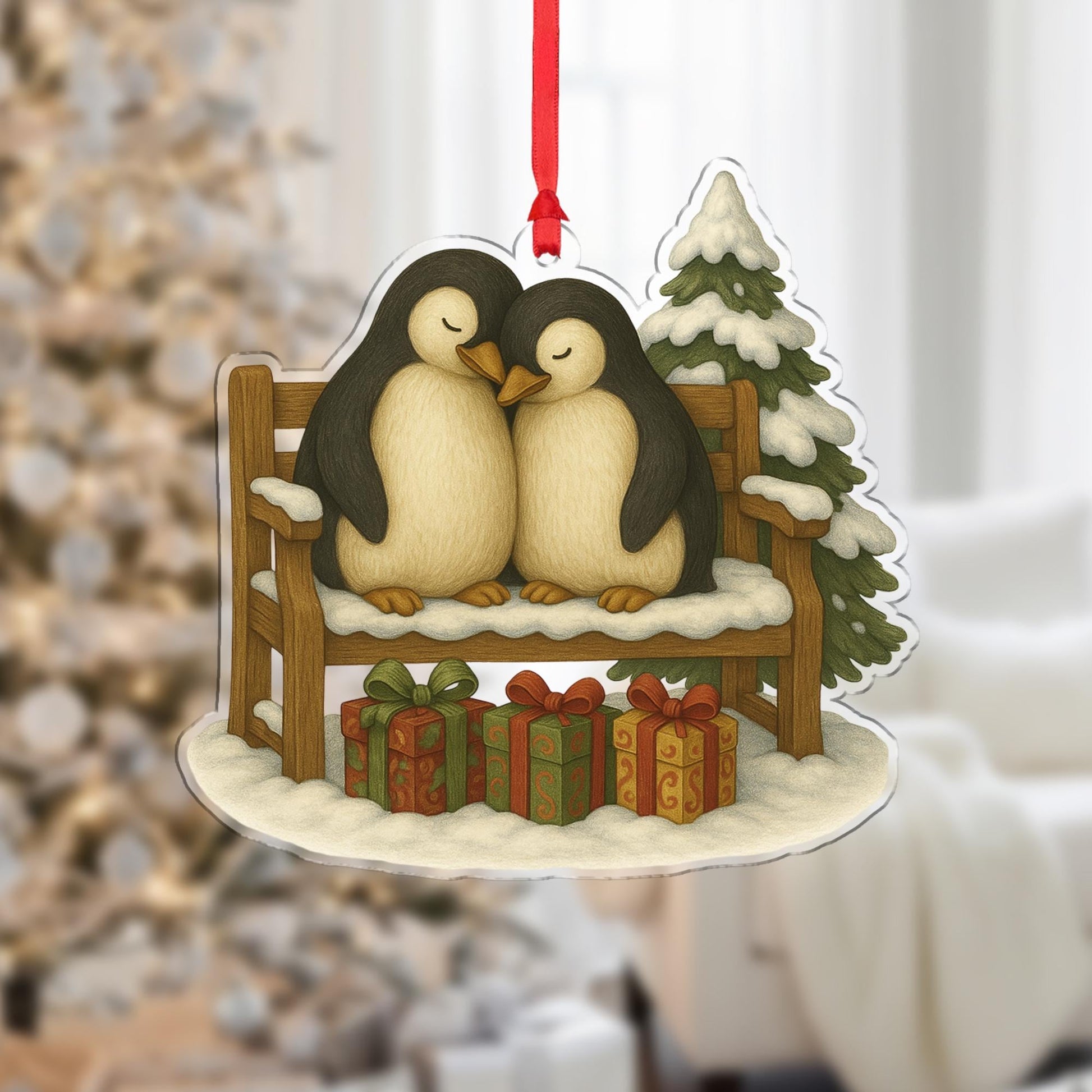 Penguin Ornament – Winter Bench Design with Snow Tree and Gifts