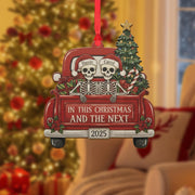 Wood Ornament – Personalized Skeleton Couple in Red Truck with Christmas Tree