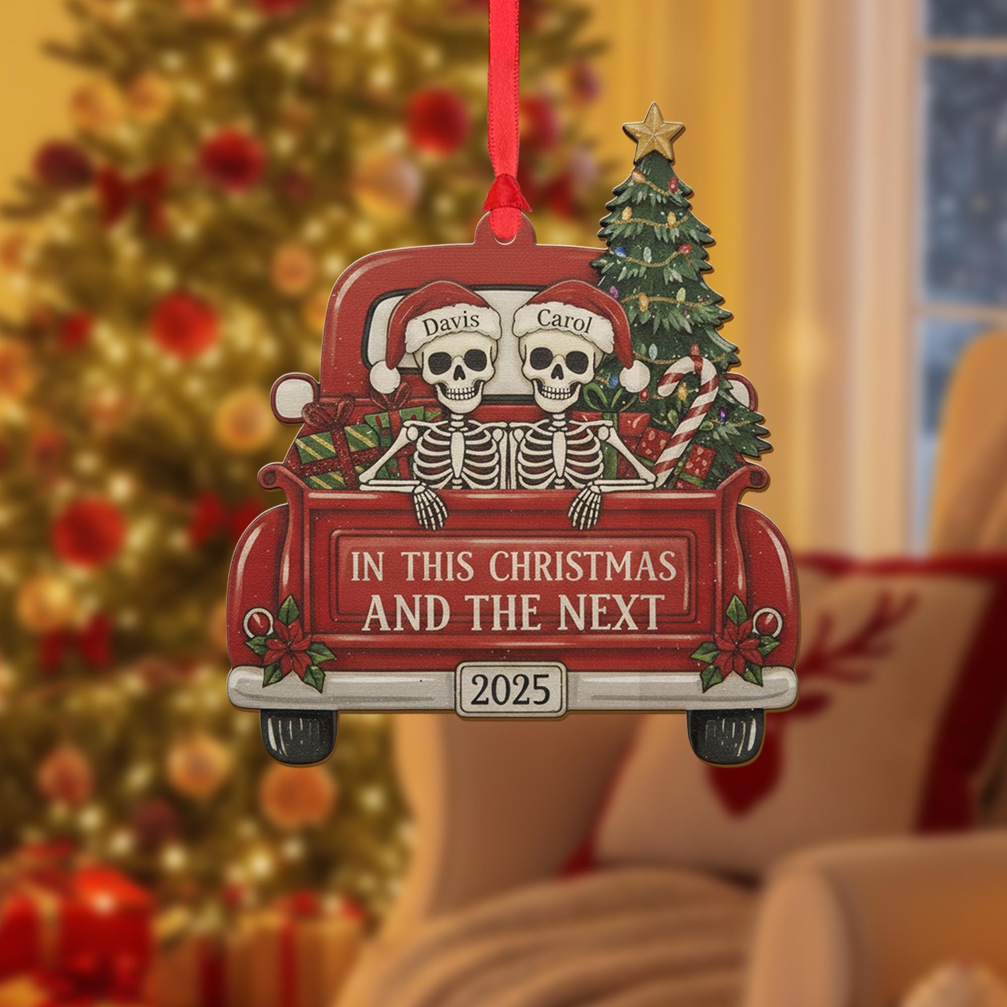 Wood Ornament – Personalized Skeleton Couple in Red Truck with Christmas Tree