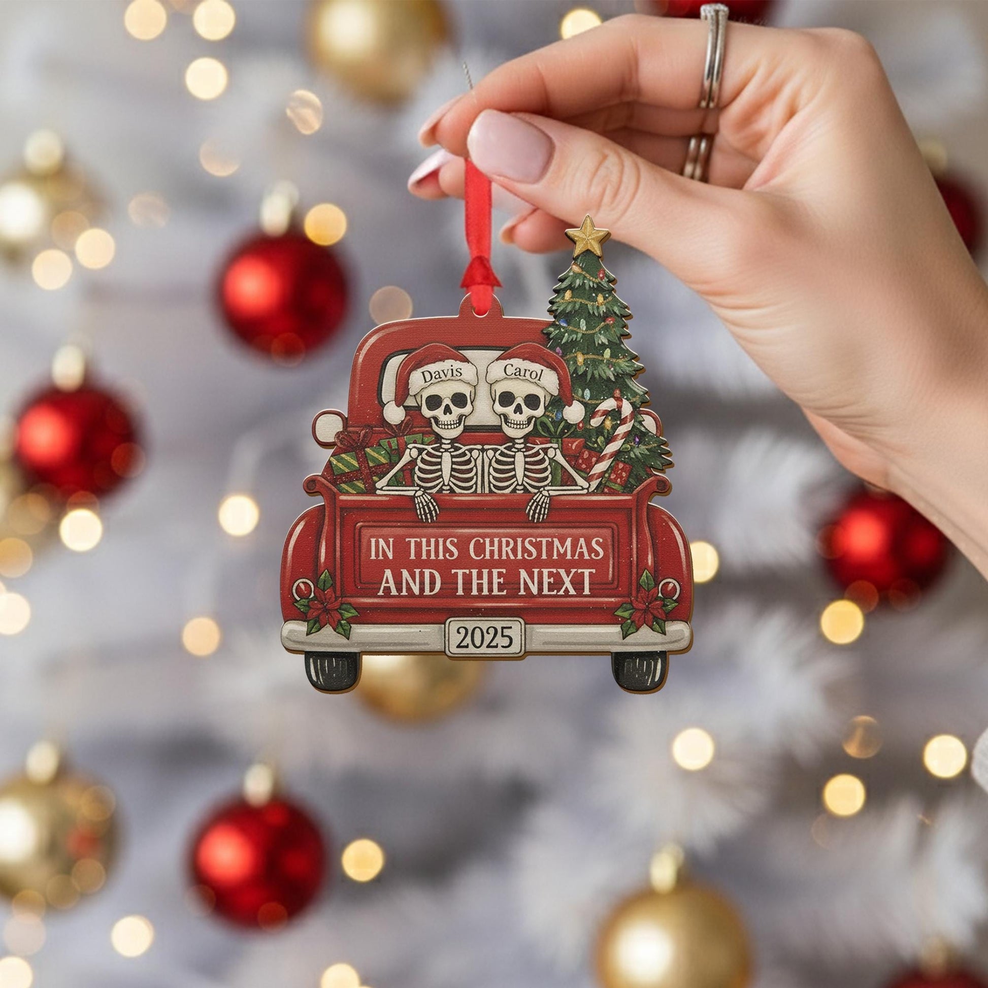 Wood Ornament – Personalized Skeleton Couple in Red Truck with Christmas Tree