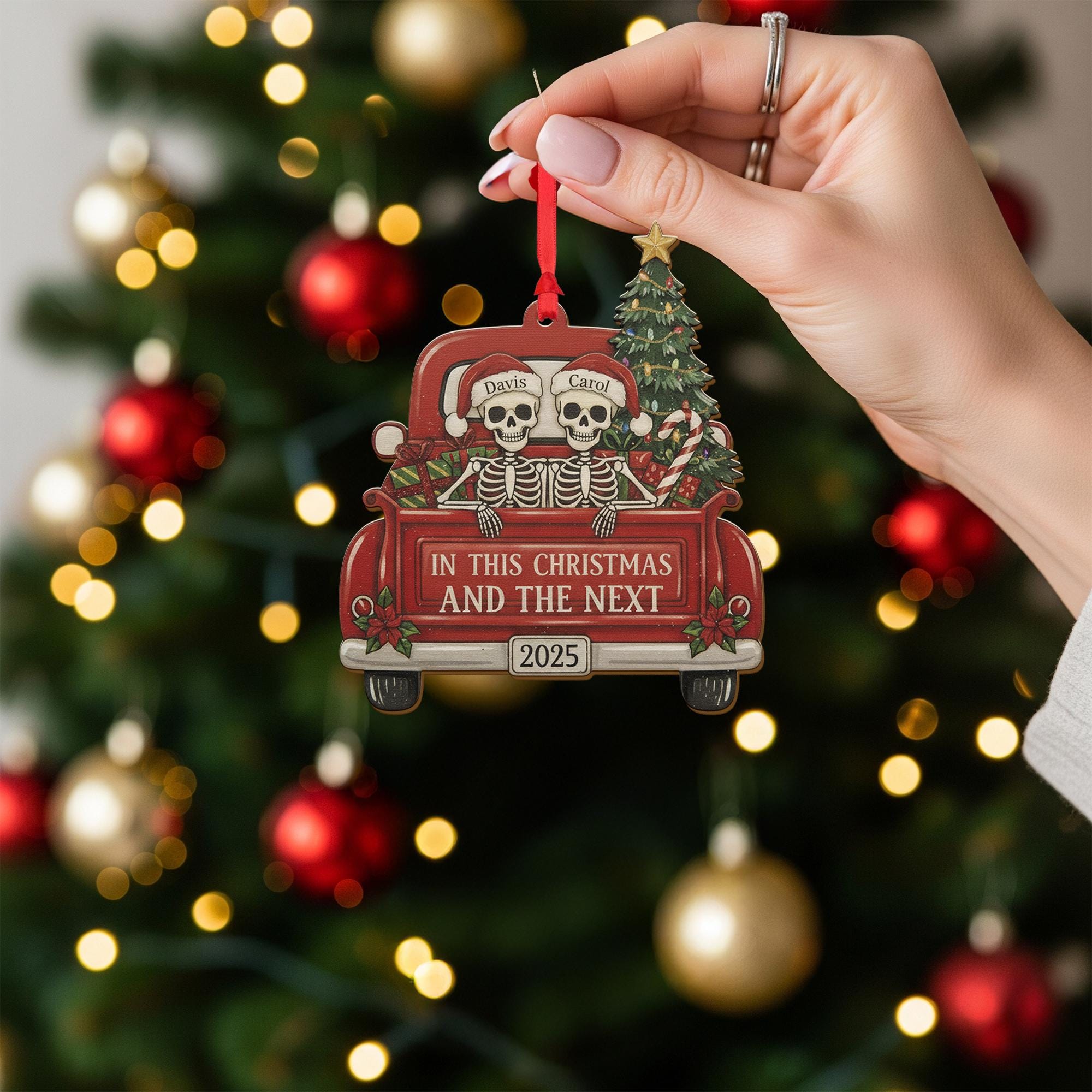 Wood Ornament – Personalized Skeleton Couple in Red Truck with Christmas Tree