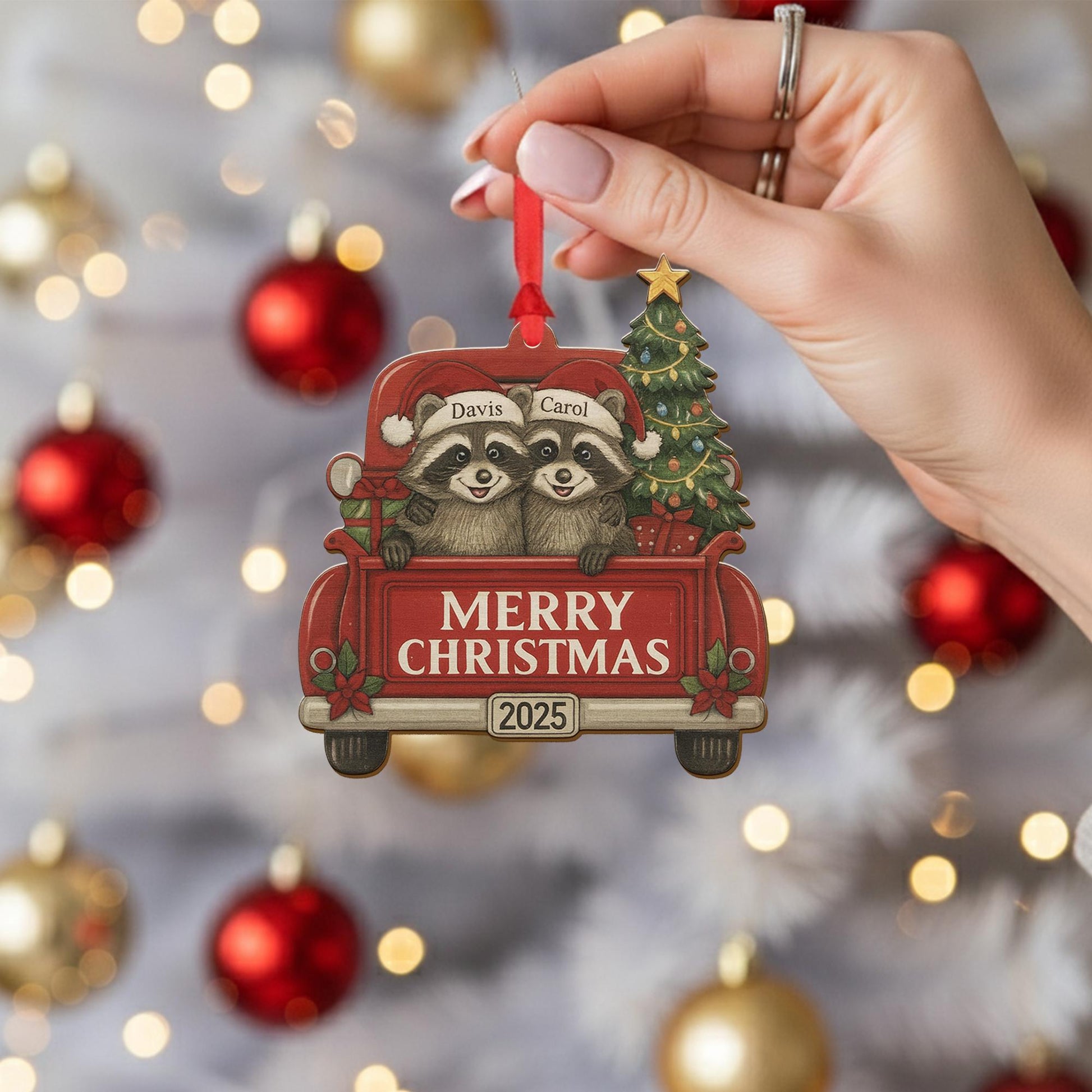 Wood Ornament – Personalized Raccoon Couple in Red Truck with Christmas Tree