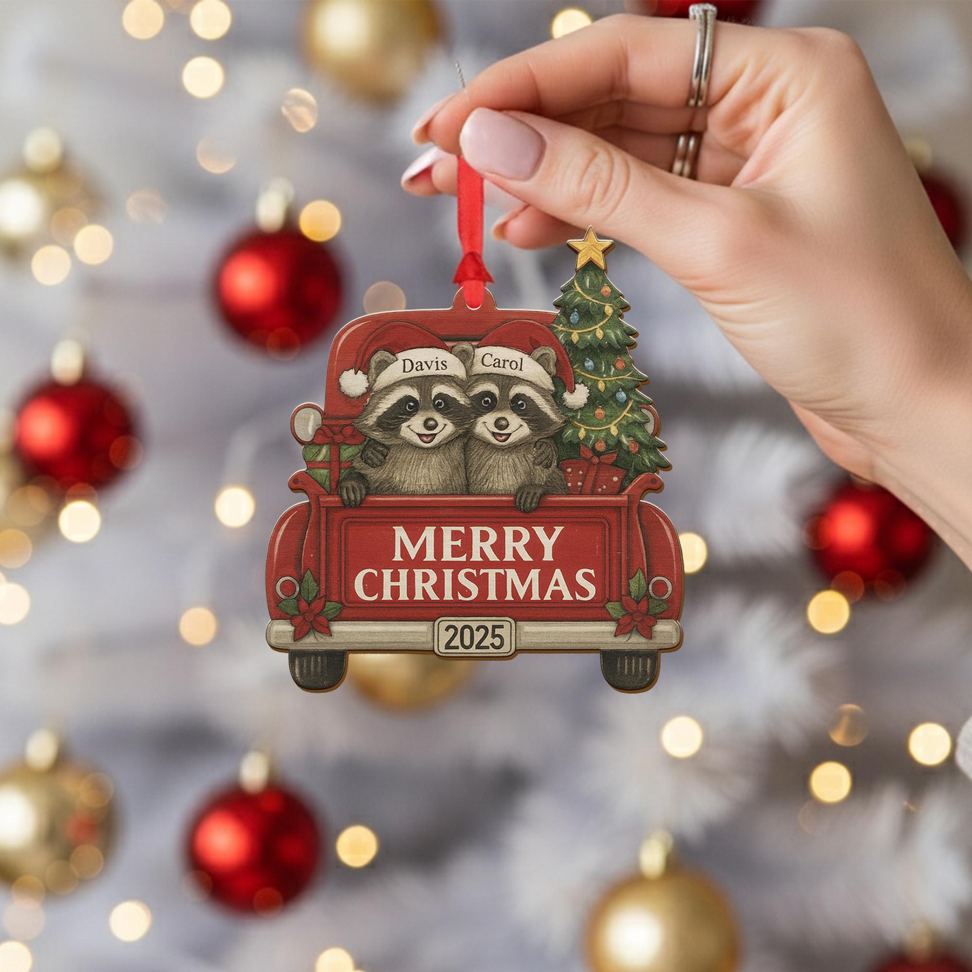 Wood Ornament – Personalized Raccoon Couple in Red Truck with Christmas Tree