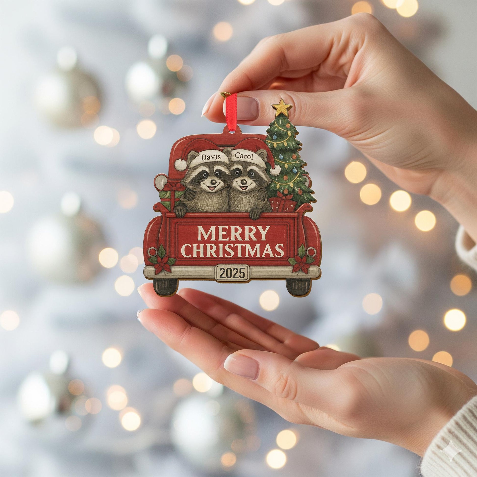 Wood Ornament – Personalized Raccoon Couple in Red Truck with Christmas Tree