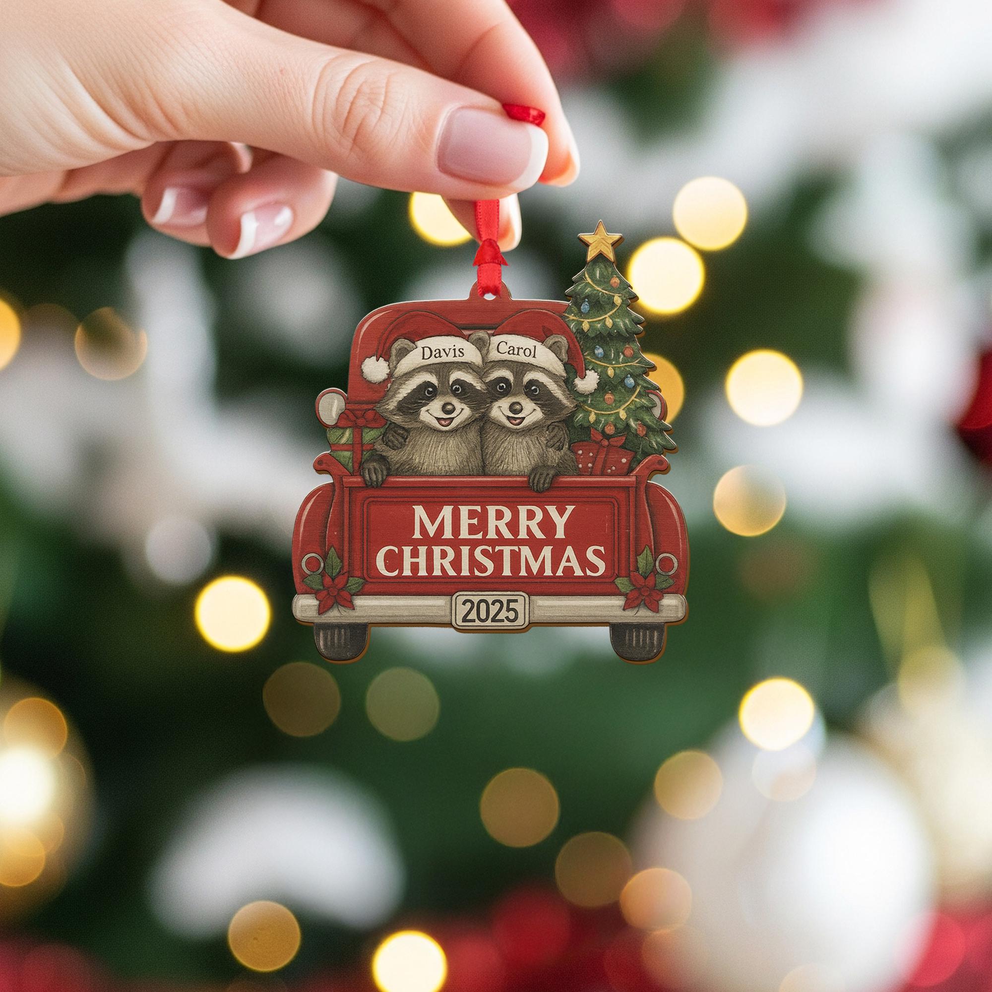 Wood Ornament – Personalized Raccoon Couple in Red Truck with Christmas Tree