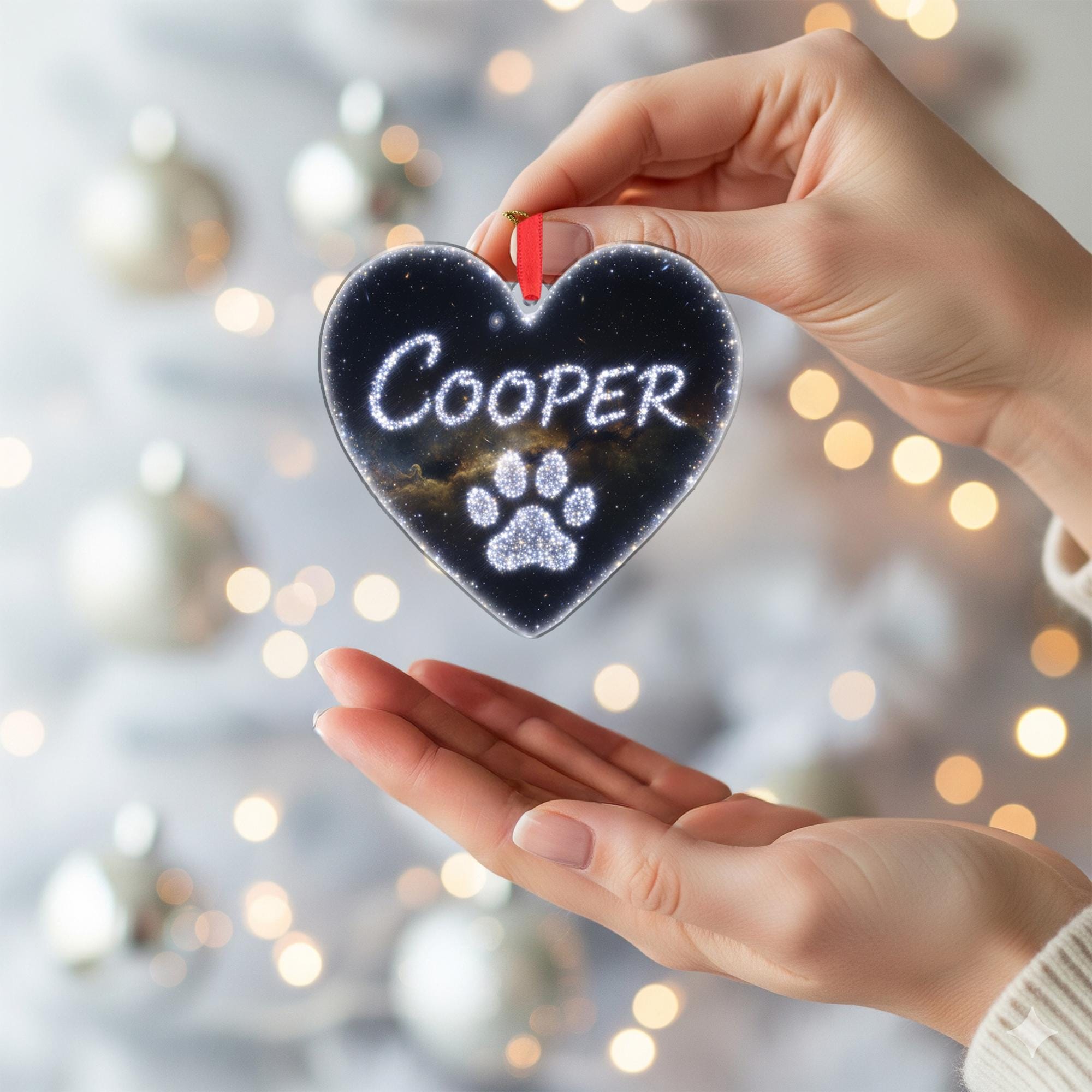 Heart Ornament – Personalized Pet Memorial with Paw Print and Starry Sky