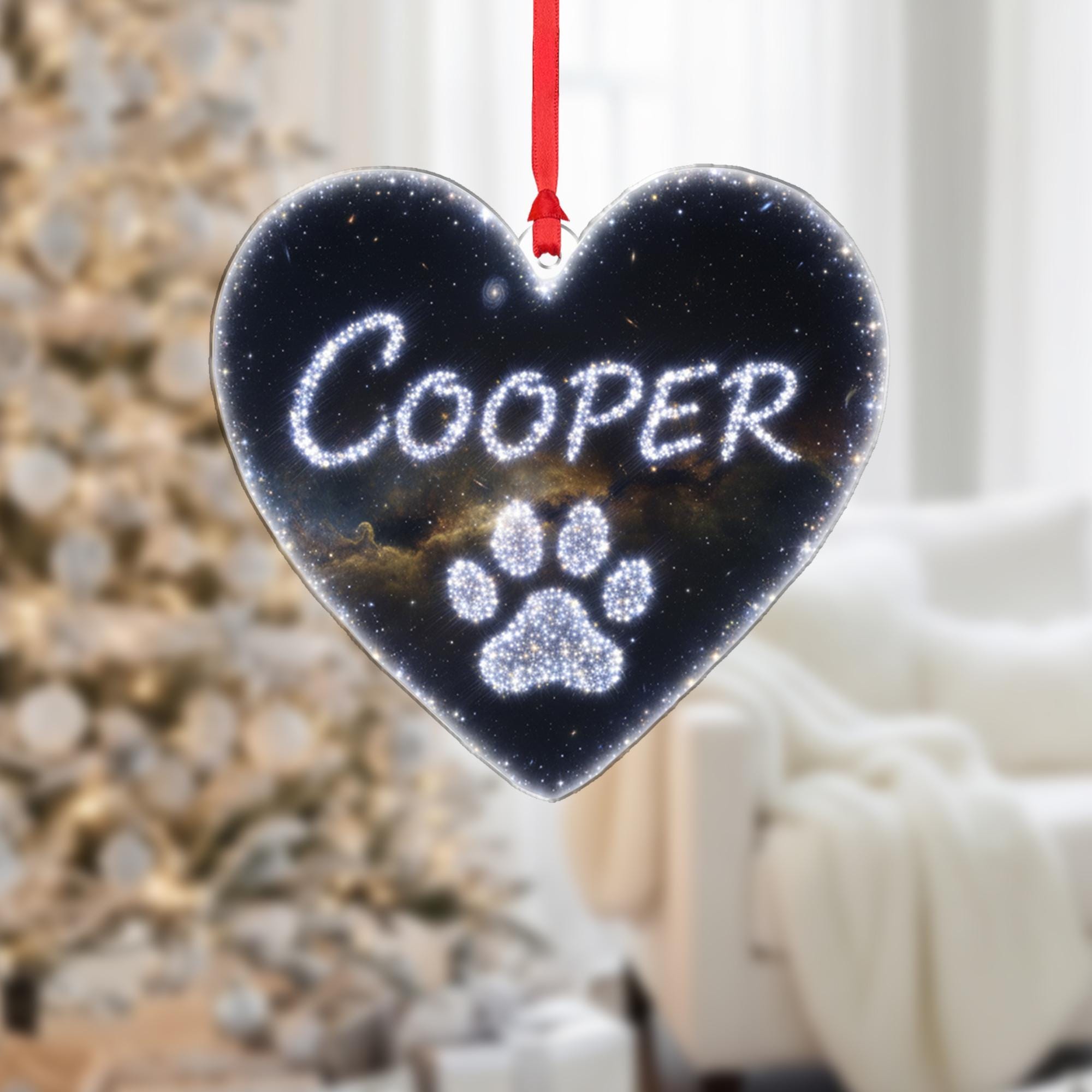 Heart Ornament – Personalized Pet Memorial with Paw Print and Starry Sky