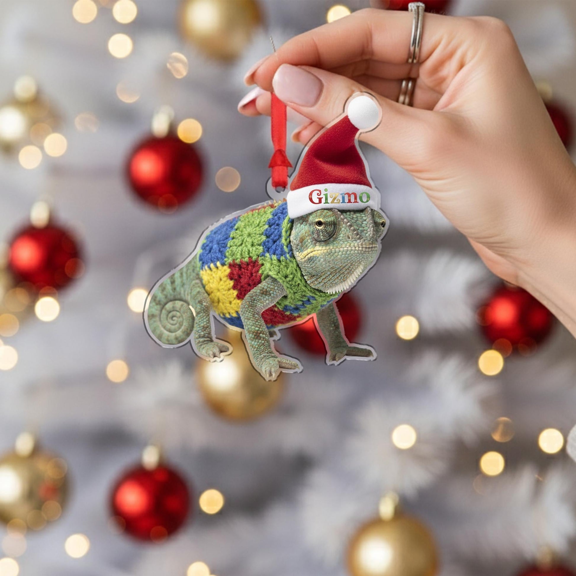 Personalized Ornament – Custom Chameleon Design with Santa Hat and Sweater